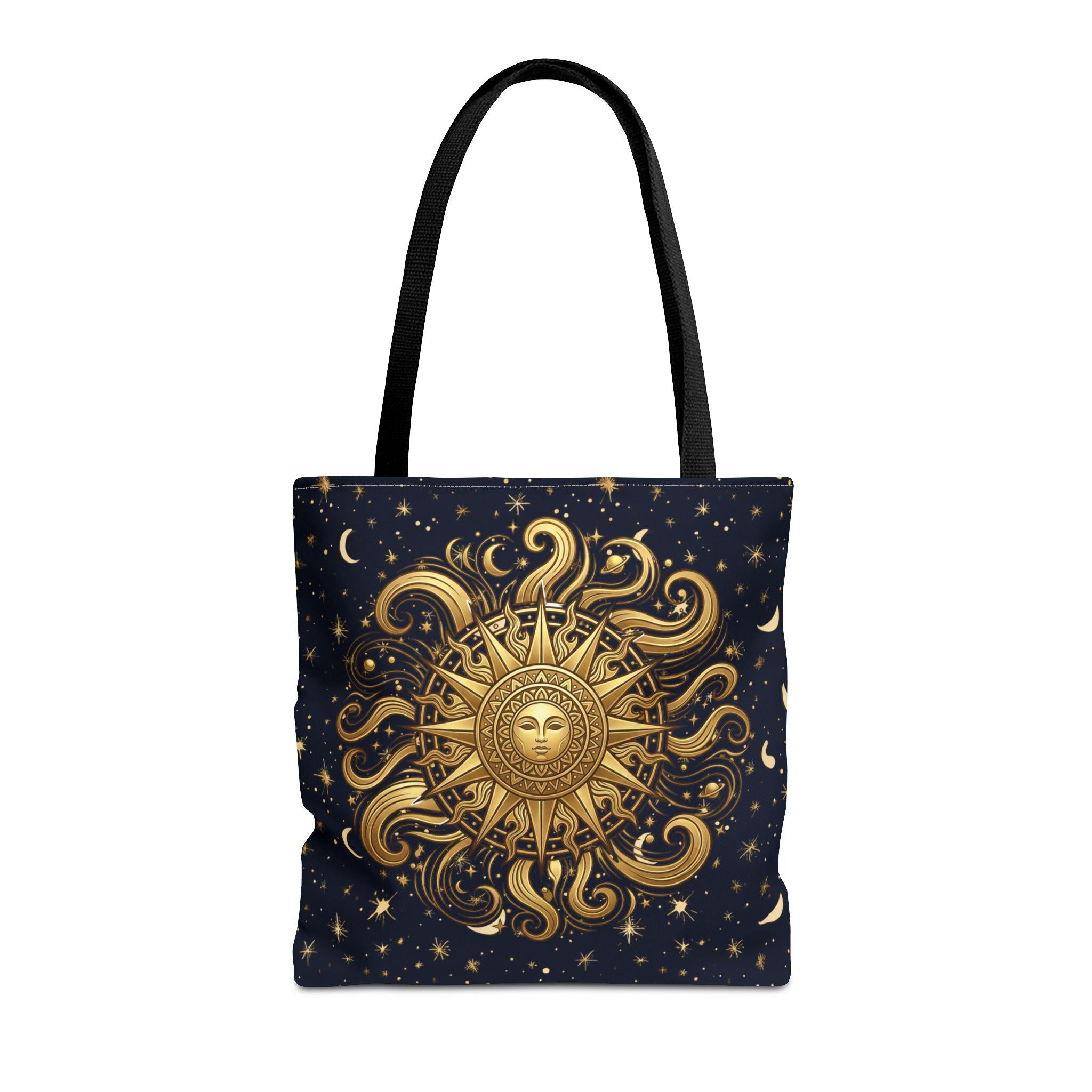 Celestial Sunburst Tote Bag | Gold Sun Moon Stars All-Over Print