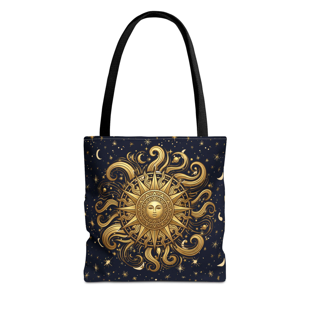 Celestial Sunburst Tote Bag | Gold Sun Moon Stars All-Over Print
