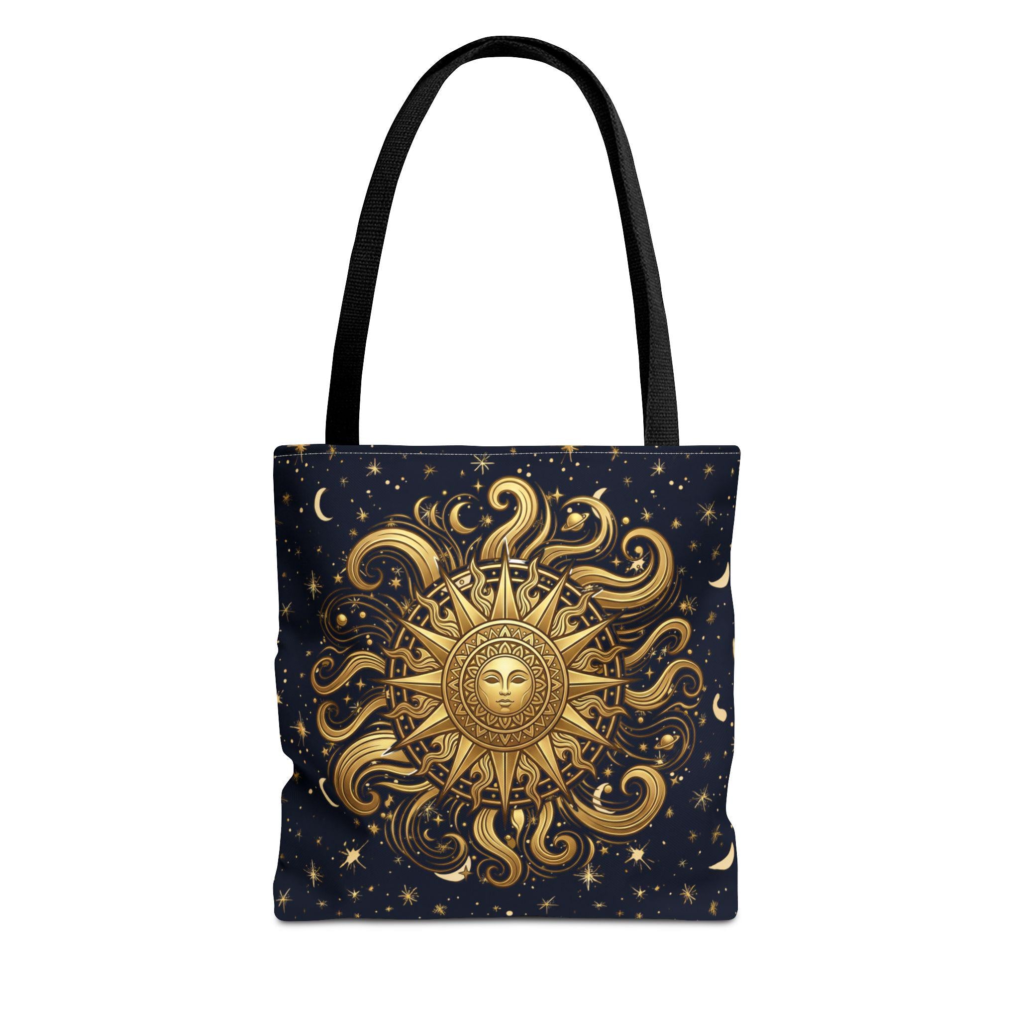 Celestial Sunburst Tote Bag | Gold Sun Moon Stars All-Over Print