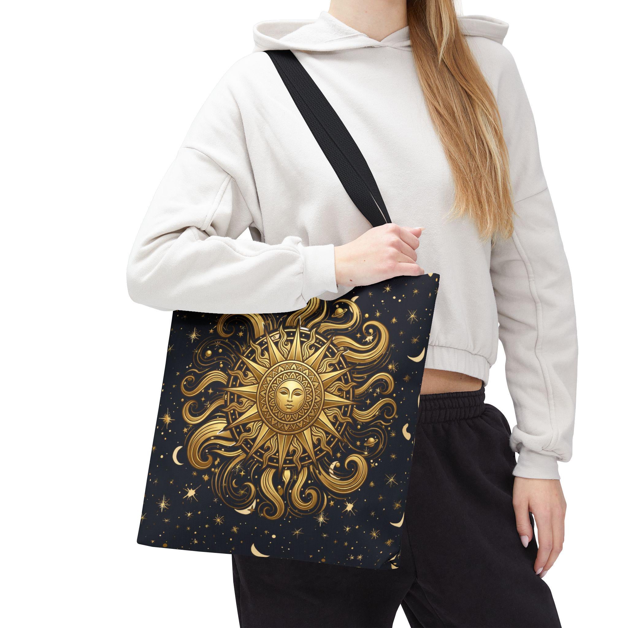 Celestial Sunburst Tote Bag | Gold Sun Moon Stars All-Over Print