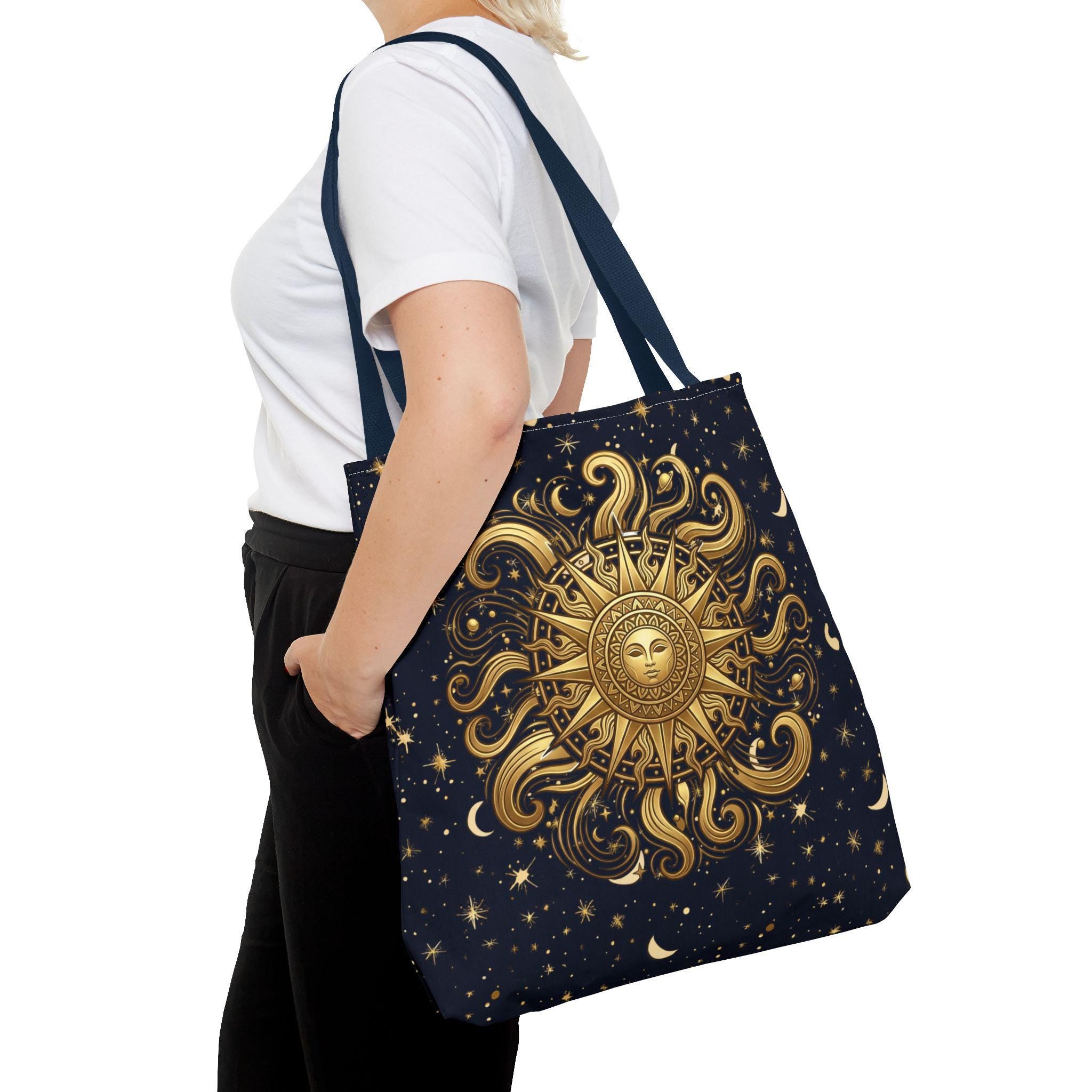 Celestial Sunburst Tote Bag | Gold Sun Moon Stars All-Over Print