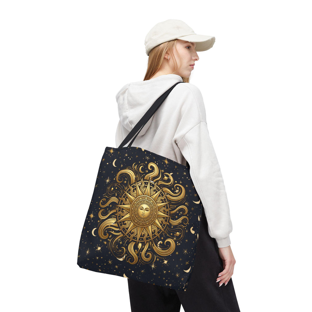 Celestial Sunburst Tote Bag | Gold Sun Moon Stars All-Over Print