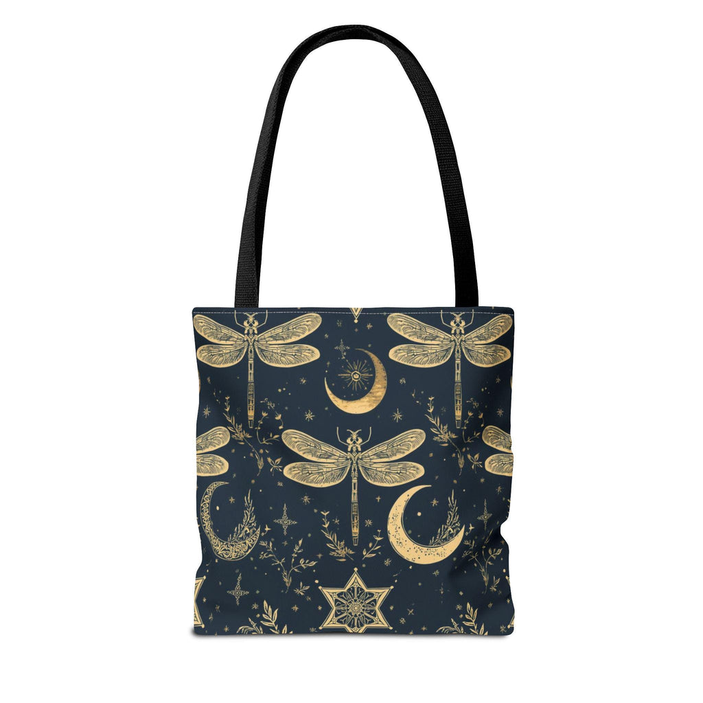 Gold Dragonfly Crescent Moon Tote Bag | Celestial Night Pattern