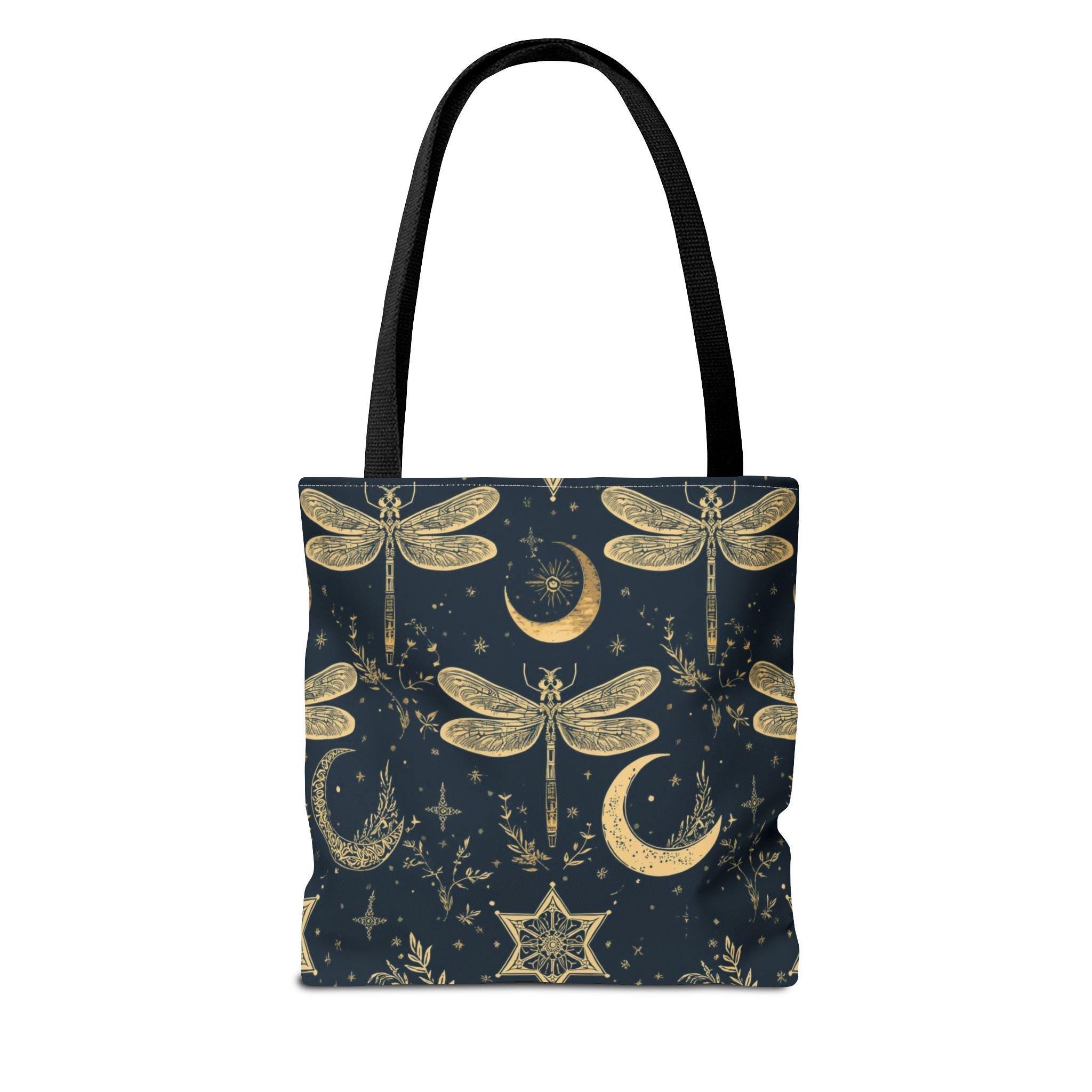 Gold Dragonfly Crescent Moon Tote Bag | Celestial Night Pattern