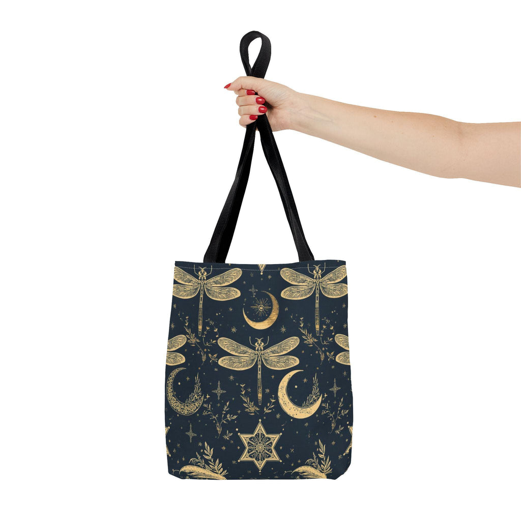 Gold Dragonfly Crescent Moon Tote Bag | Celestial Night Pattern