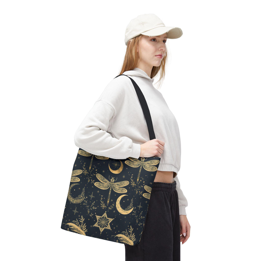 Gold Dragonfly Crescent Moon Tote Bag | Celestial Night Pattern