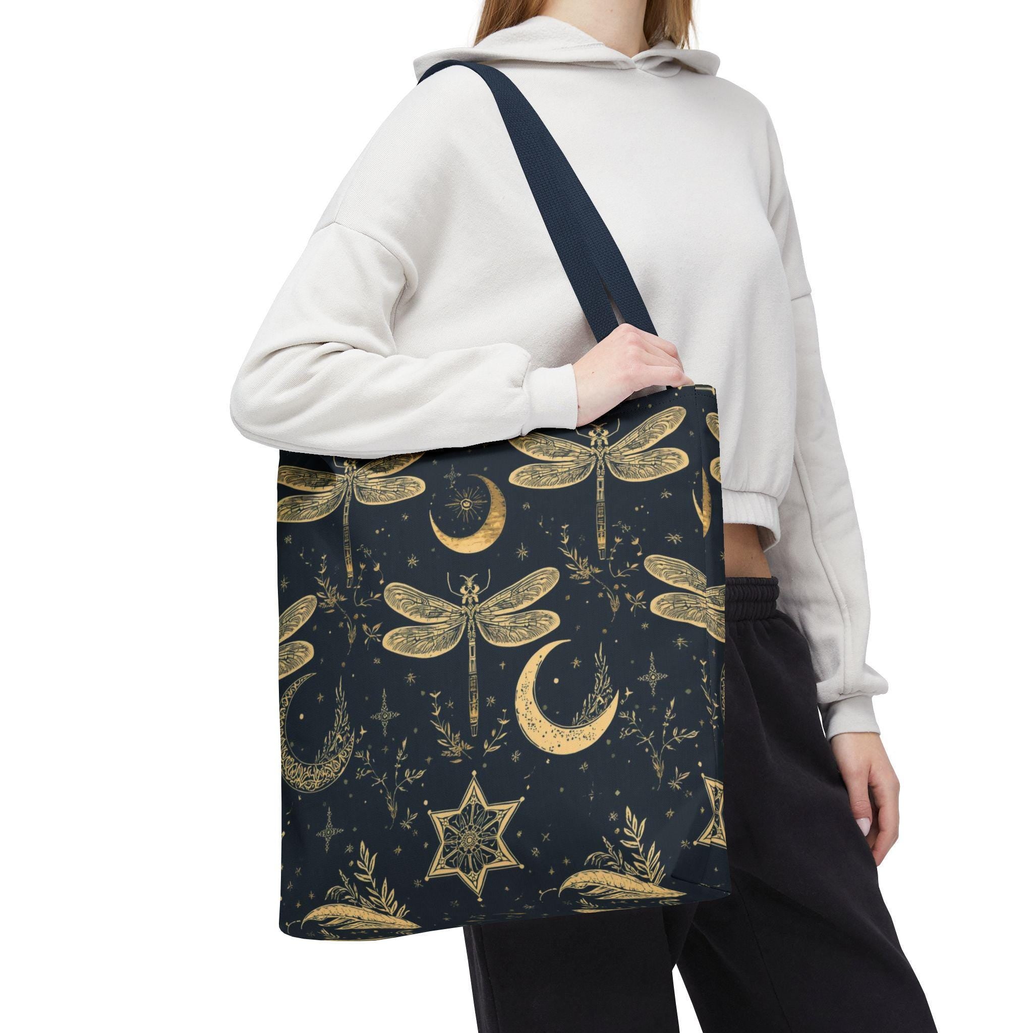 Gold Dragonfly Crescent Moon Tote Bag | Celestial Night Pattern