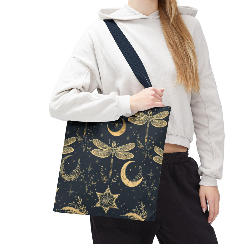 Gold Dragonfly Crescent Moon Tote Bag | Celestial Night Pattern