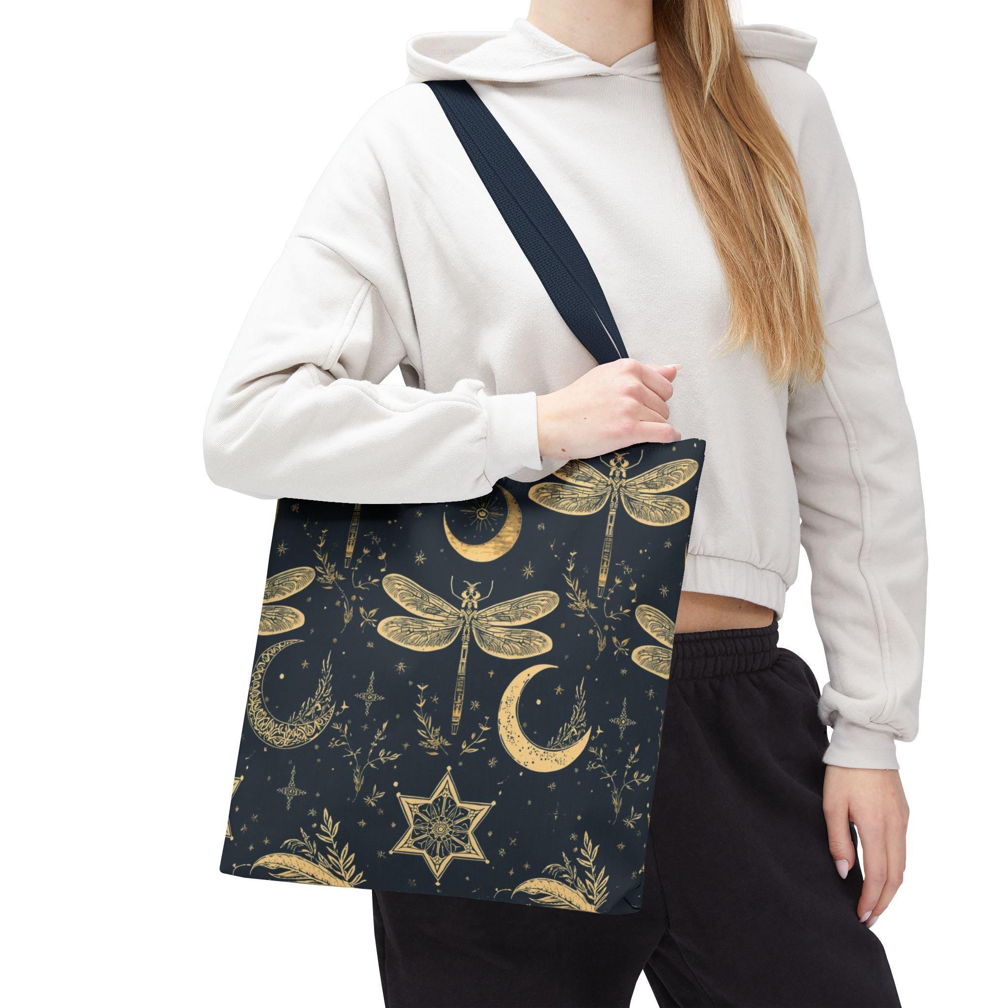 Gold Dragonfly Crescent Moon Tote Bag | Celestial Night Pattern