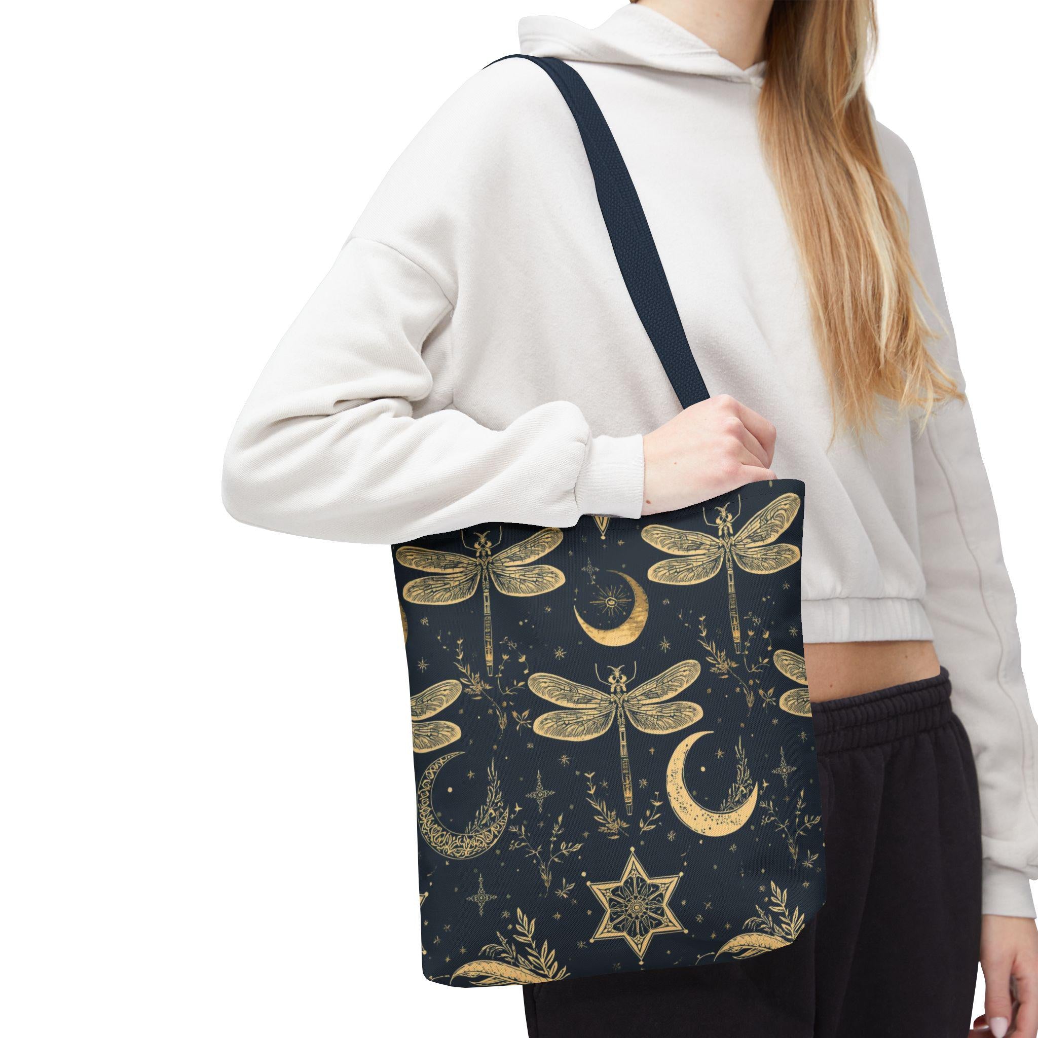 Gold Dragonfly Crescent Moon Tote Bag | Celestial Night Pattern