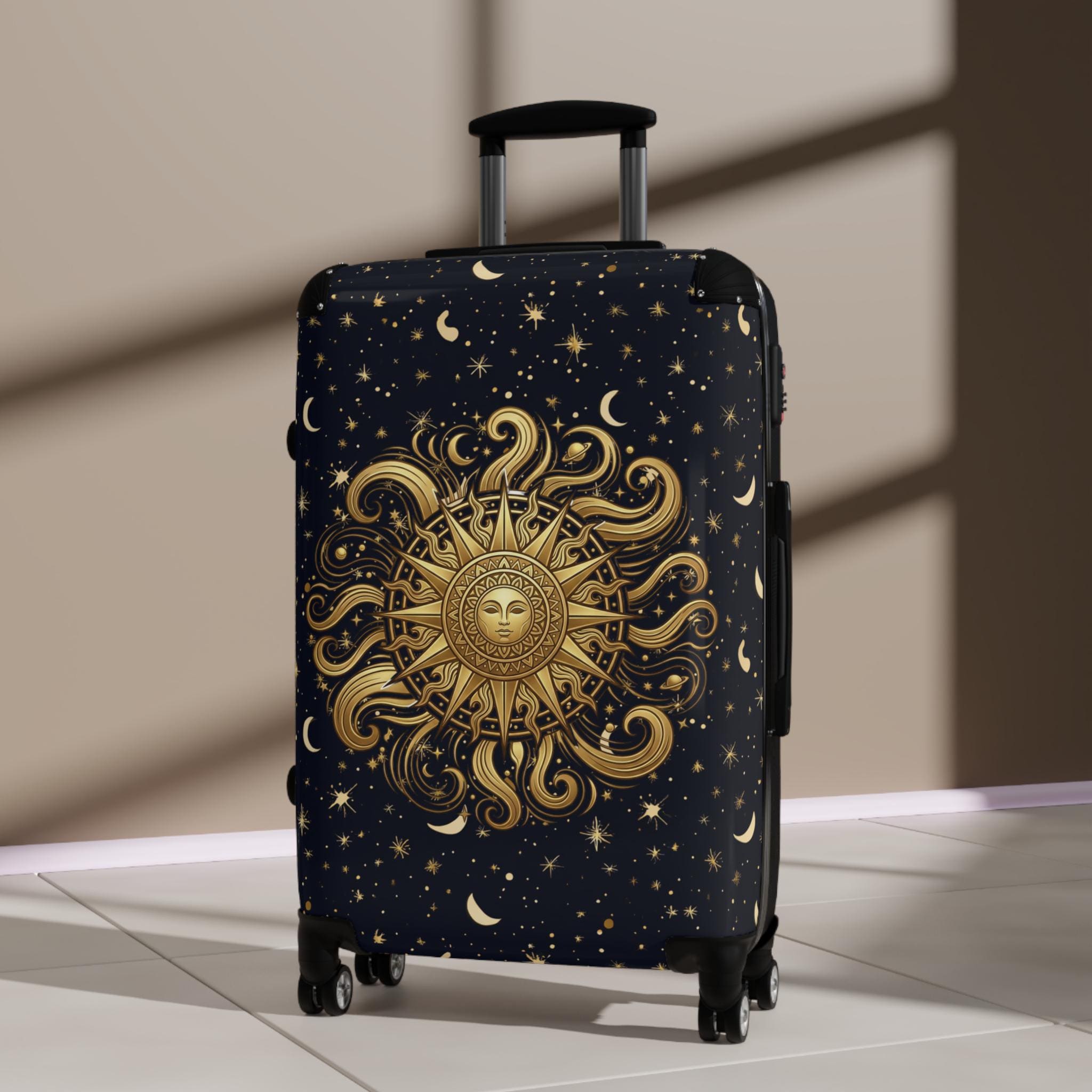 Golden Sun Burst and Moon Suitcase Celestial Luggage