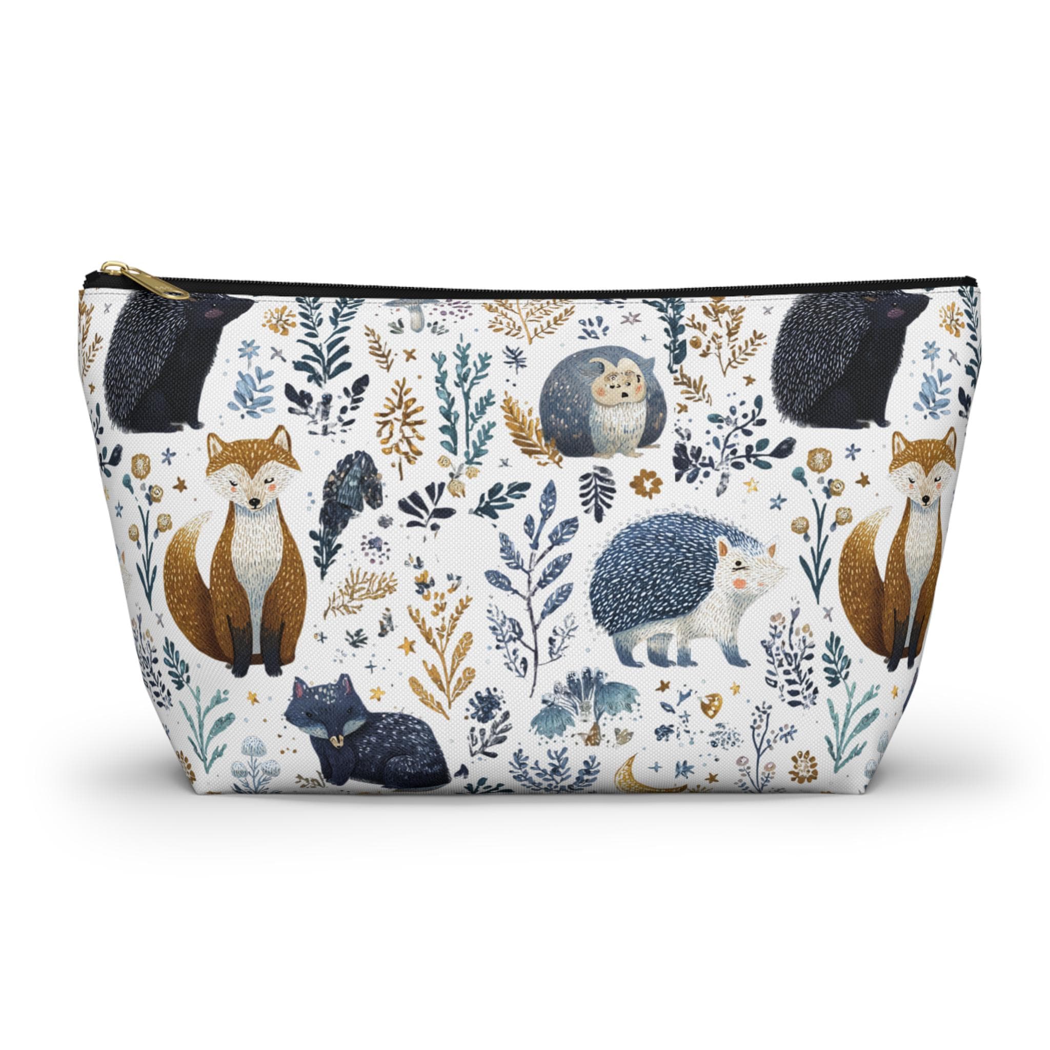 Cosmetic bag with animal and nature pattern on a white background