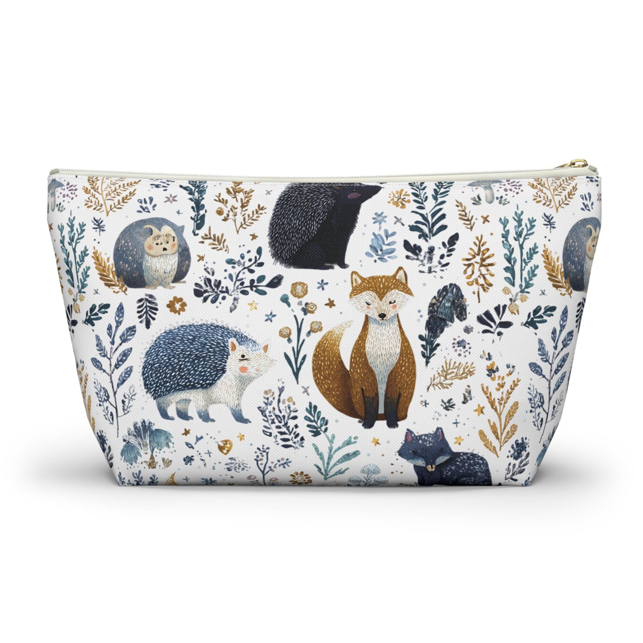 Cosmetic bag with forest animal pattern on a white background