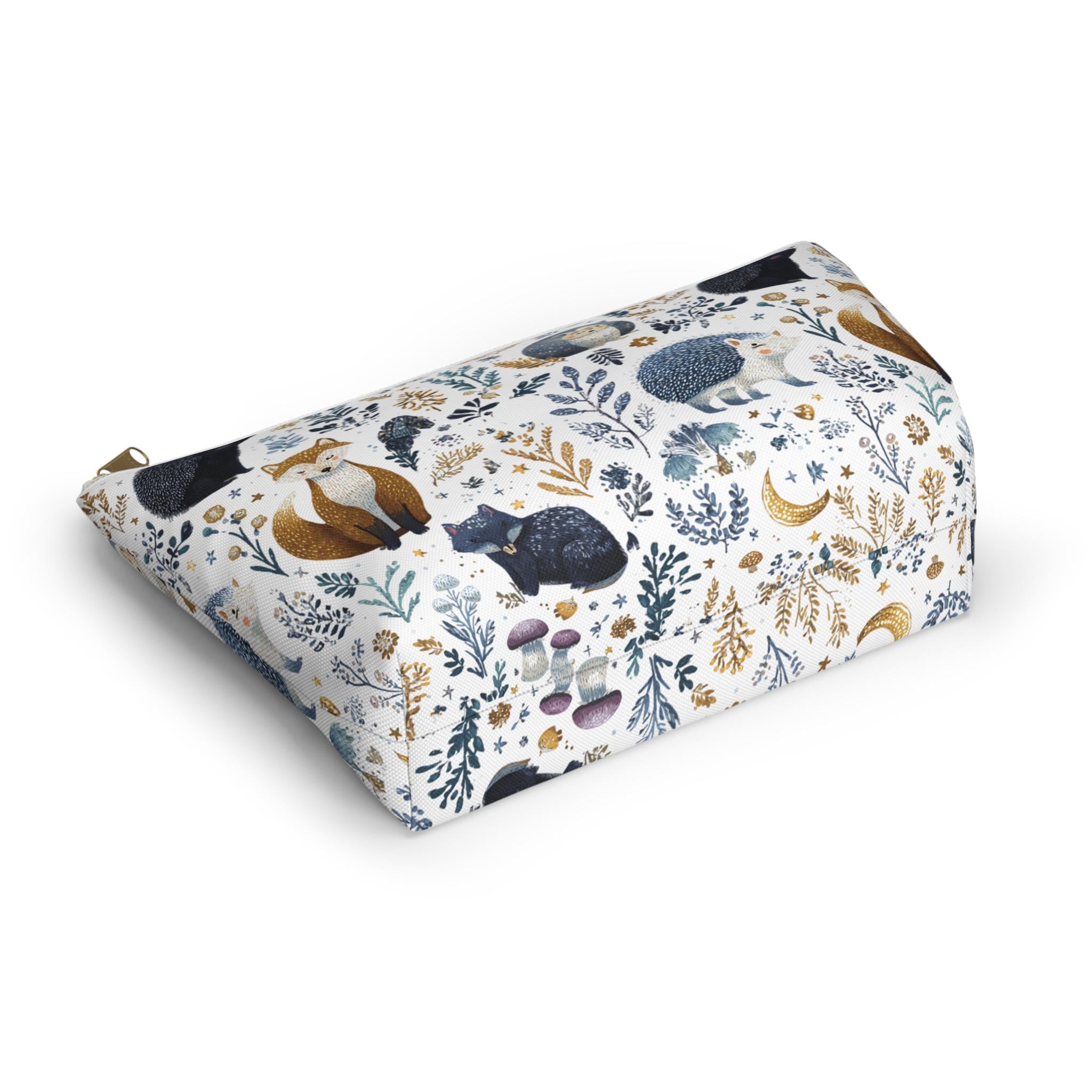 Rectangular pouch with nature-themed design featuring animals and plants on a white background