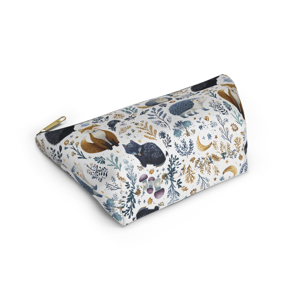 Cosmetic bag with nature-themed design featuring animals and plants on a white background