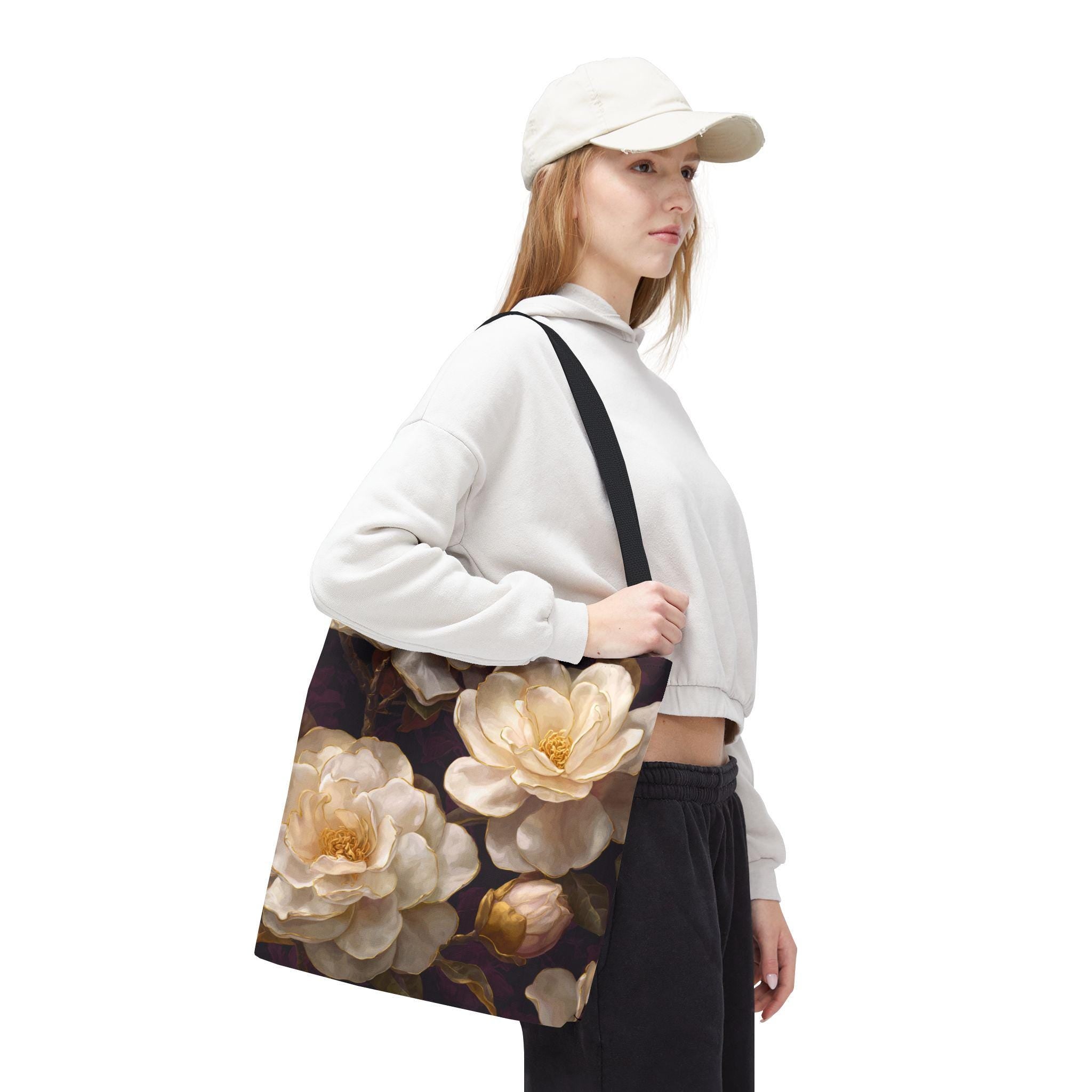 Cream Camellia Floral Tote Bag | Vintage Botanical All-Over Print