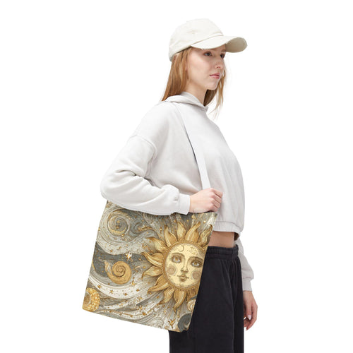 Celestial Golden Sun & Stars Tote Bag | Boho Sun Face Canvas