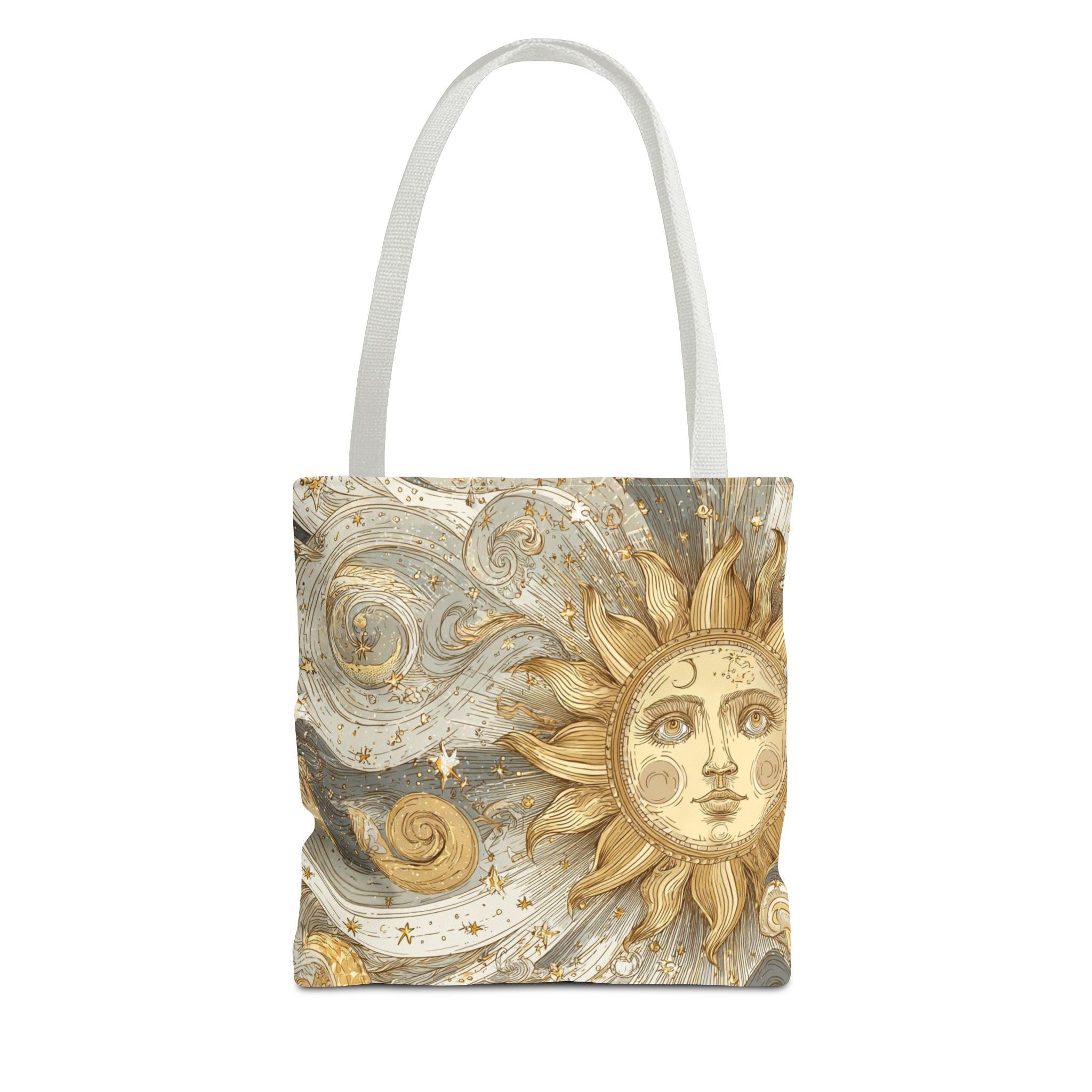 Celestial Golden Sun & Stars Tote Bag | Boho Sun Face Canvas