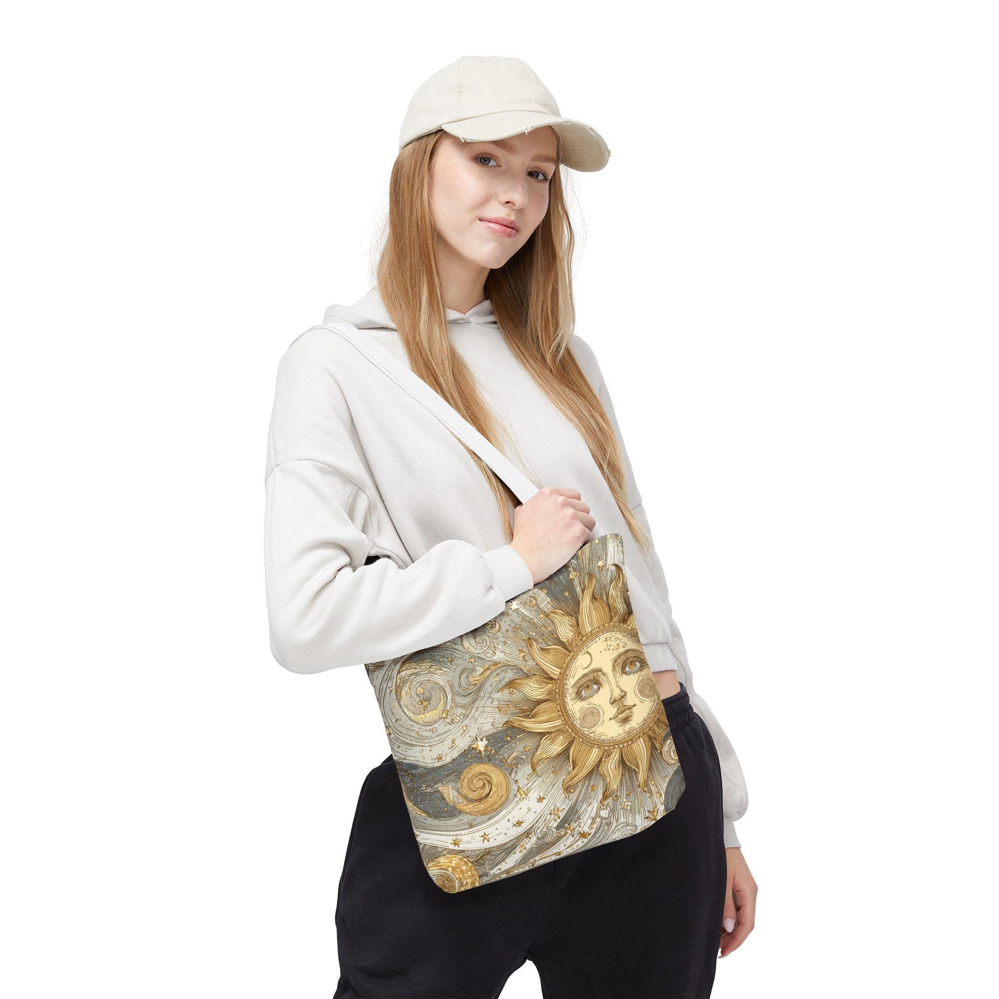 Celestial Golden Sun & Stars Tote Bag | Boho Sun Face Canvas