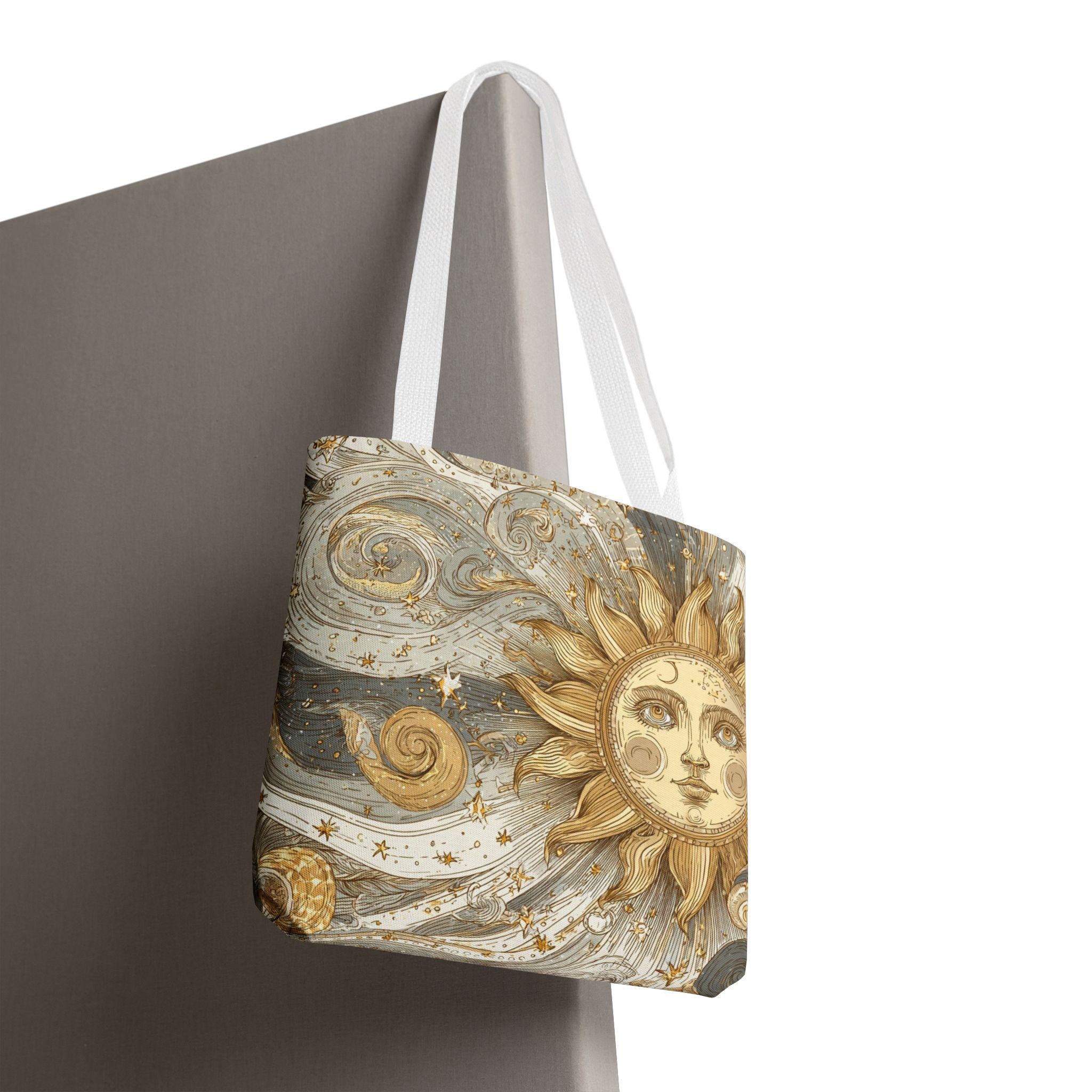 Celestial Golden Sun & Stars Tote Bag | Boho Sun Face Canvas