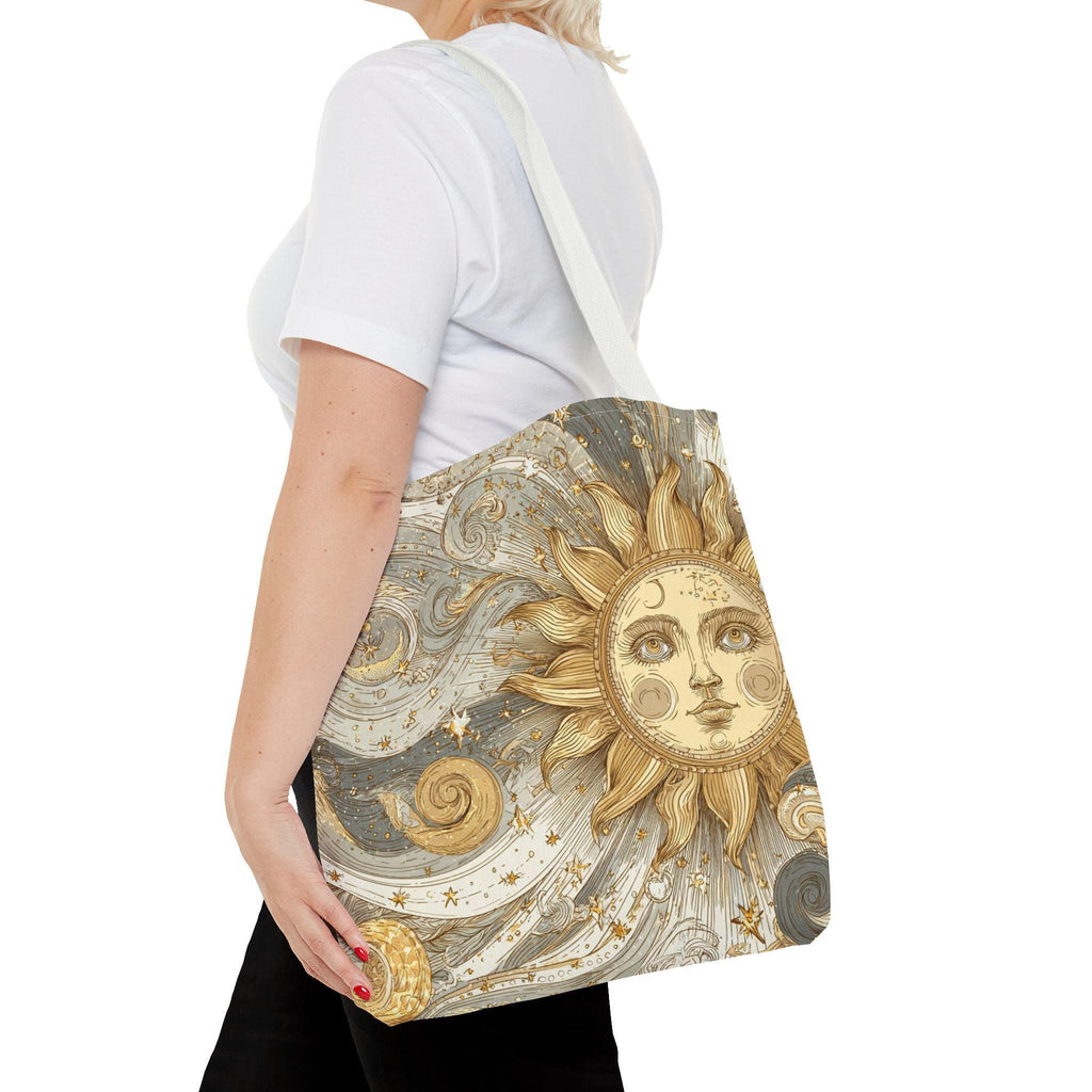 Celestial Golden Sun & Stars Tote Bag | Boho Sun Face Canvas