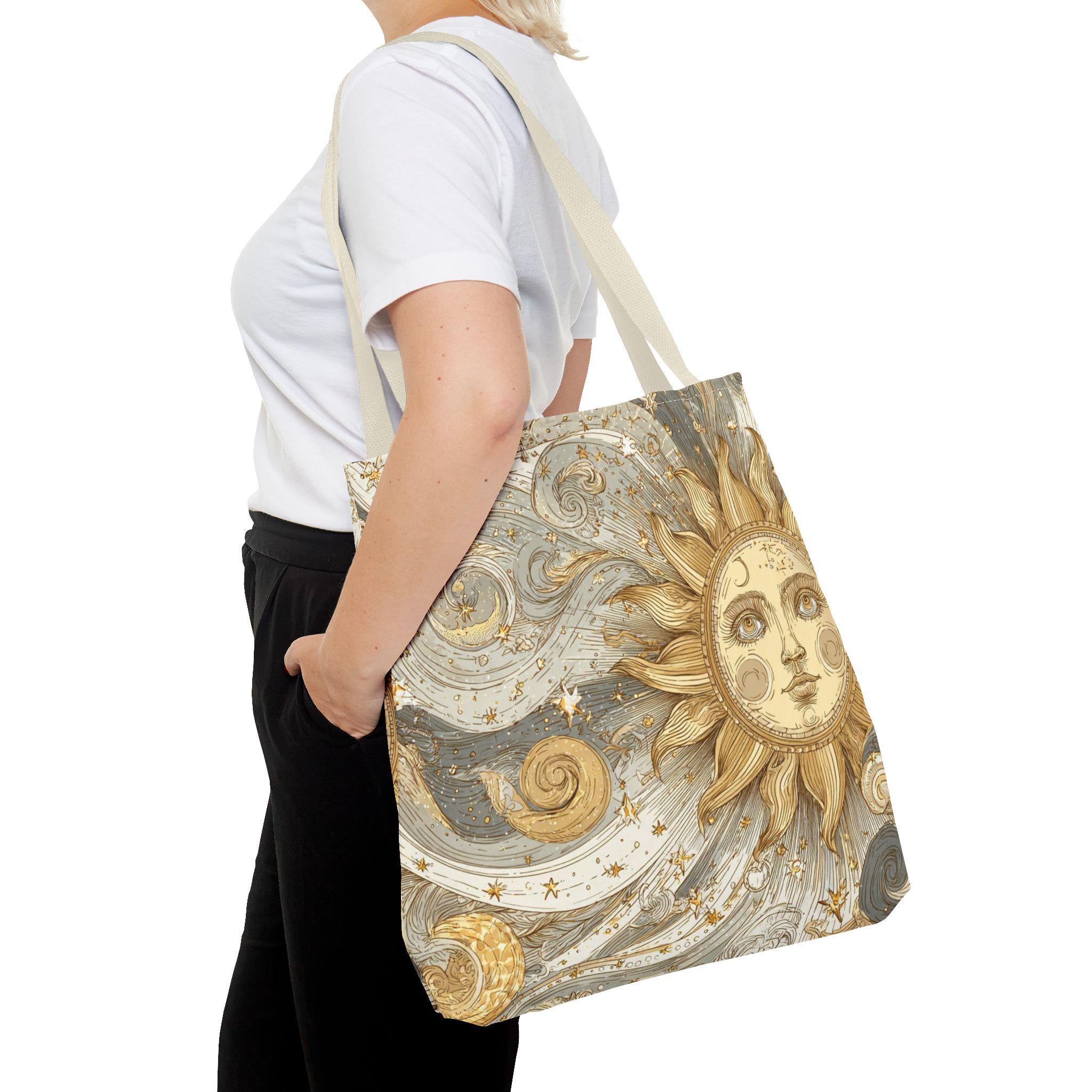Celestial Golden Sun & Stars Tote Bag | Boho Sun Face Canvas