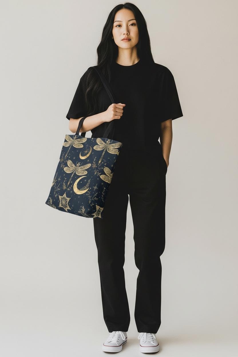 Gold Dragonfly Crescent Moon Tote Bag | Celestial Night Pattern