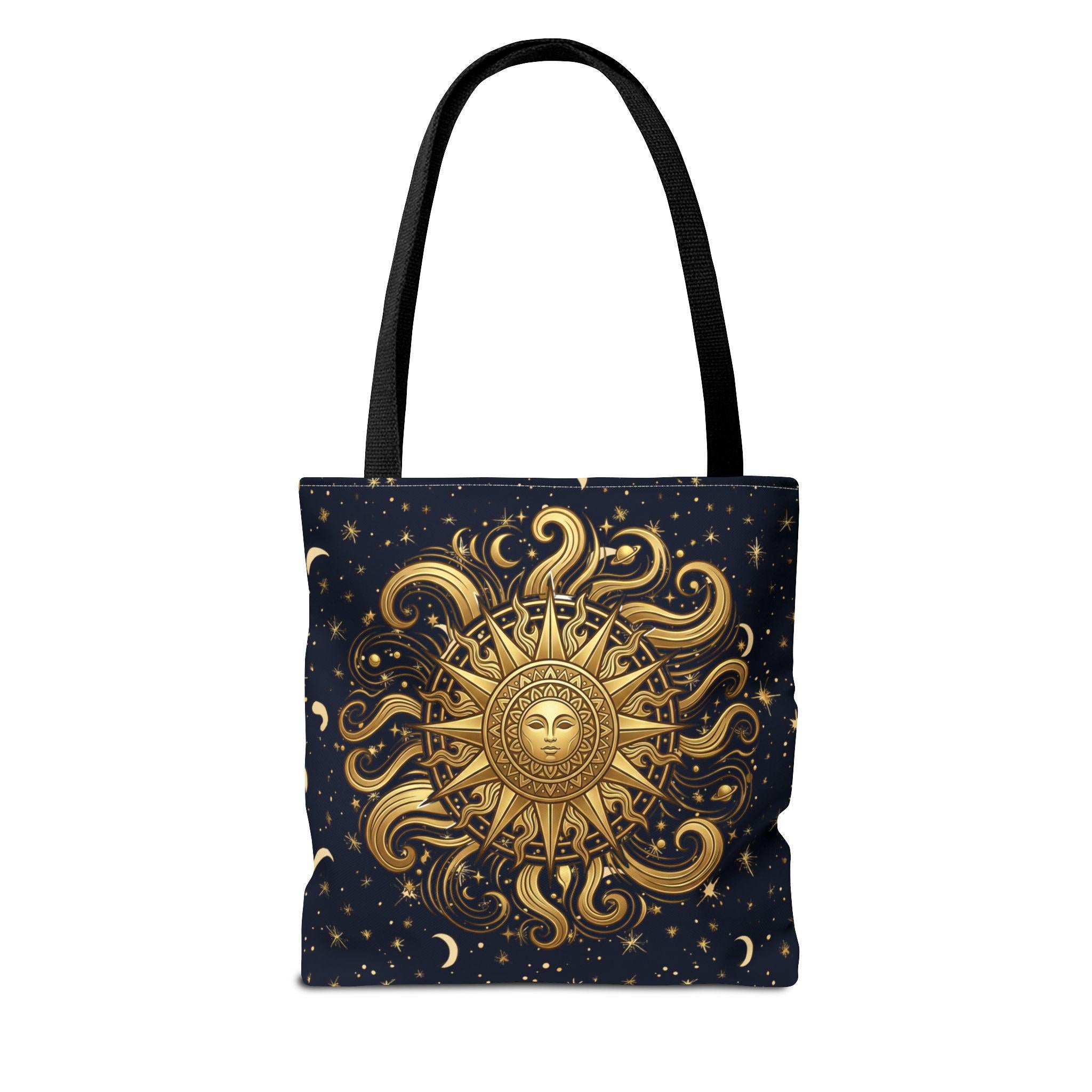 Celestial Sunburst Tote Bag | Gold Sun Moon Stars All-Over Print