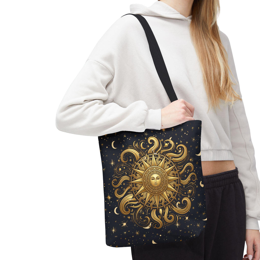 Celestial Sunburst Tote Bag | Gold Sun Moon Stars All-Over Print