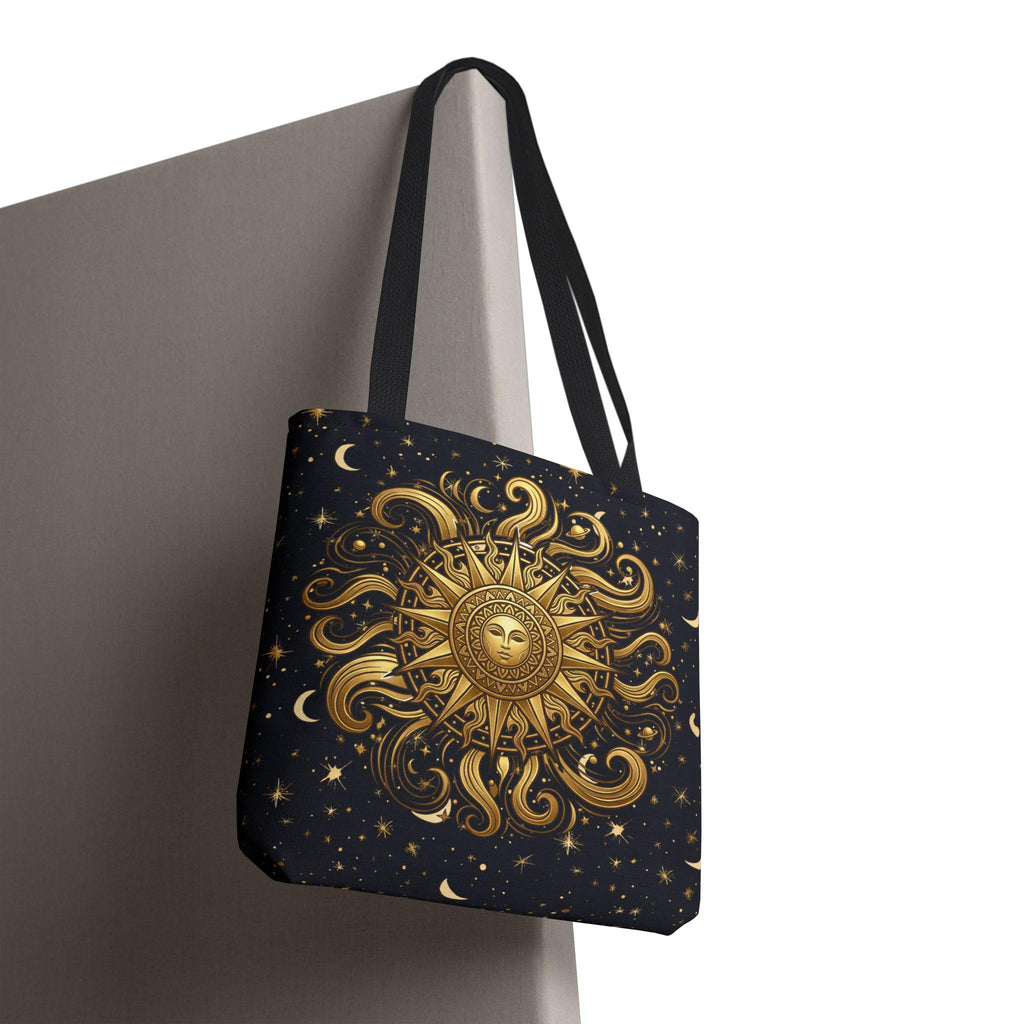 Celestial Sunburst Tote Bag | Gold Sun Moon Stars All-Over Print