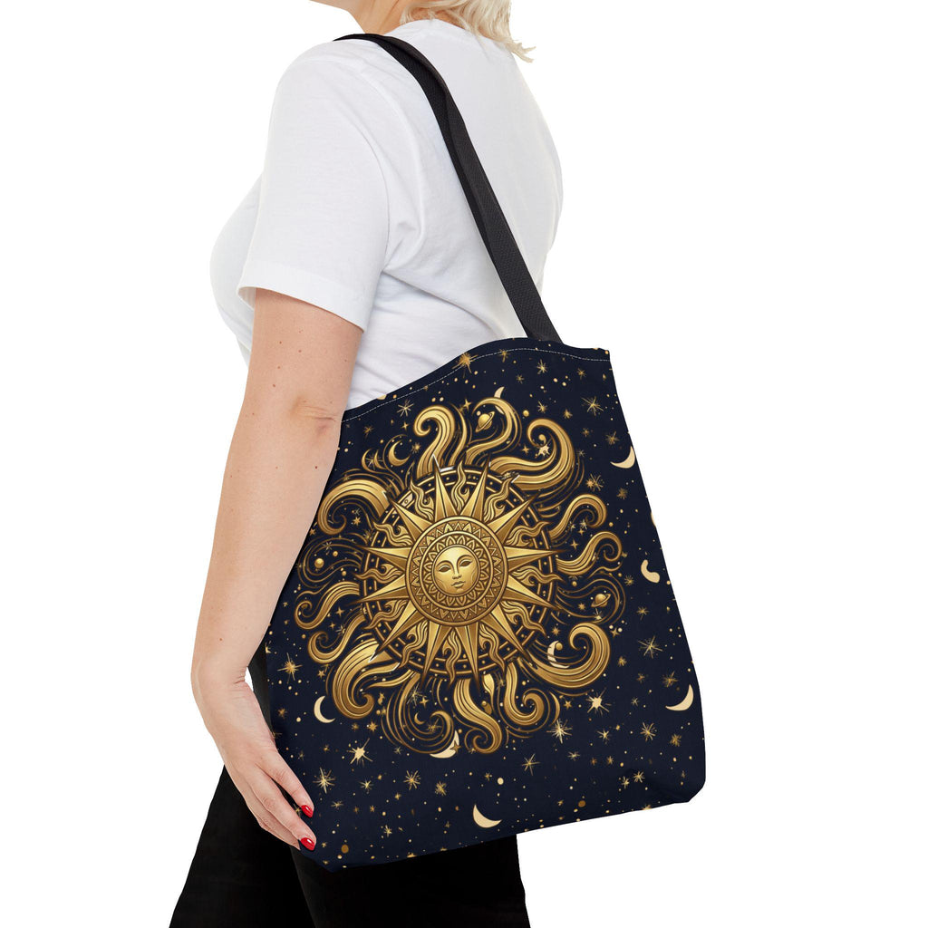 Celestial Sunburst Tote Bag | Gold Sun Moon Stars All-Over Print