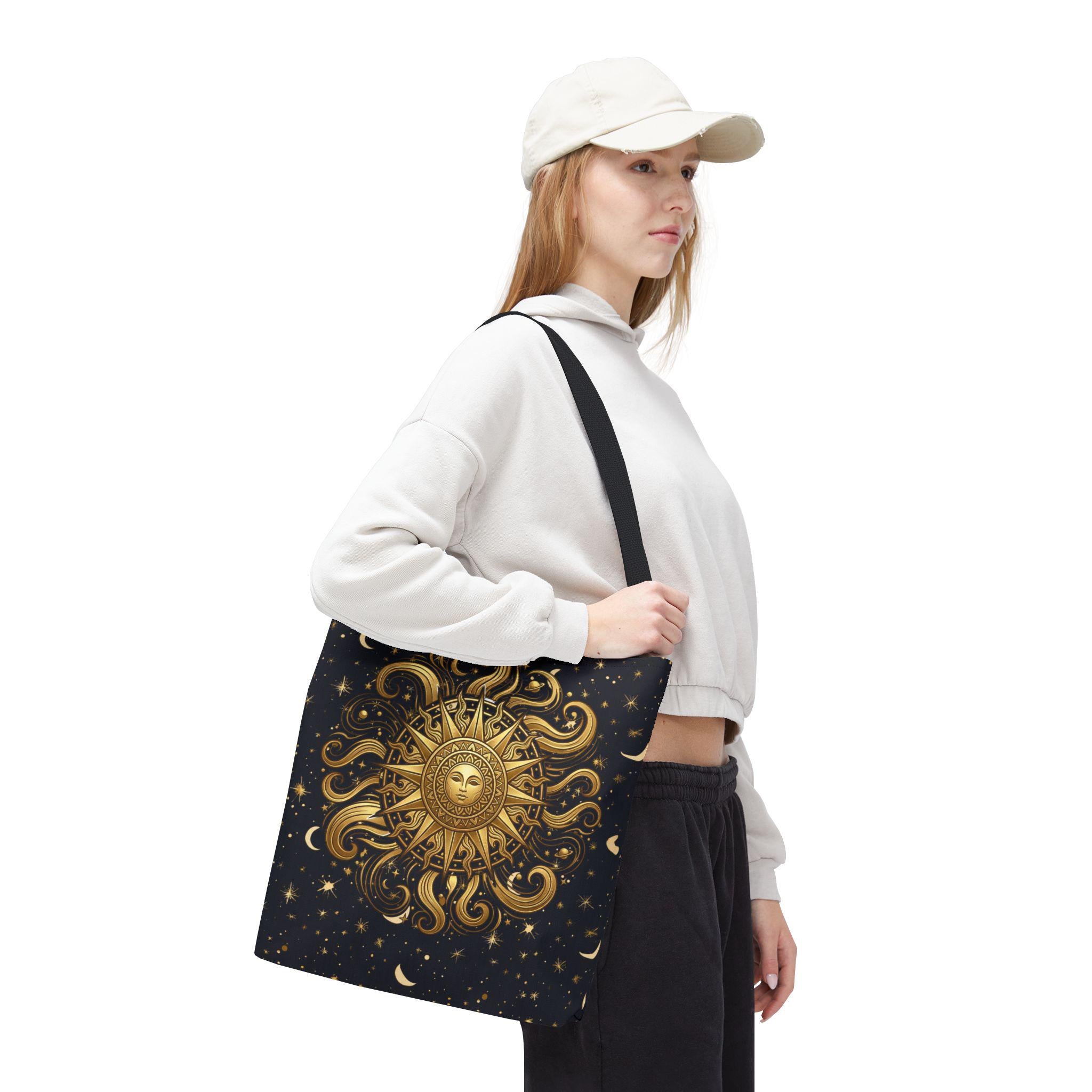 Celestial Sunburst Tote Bag | Gold Sun Moon Stars All-Over Print