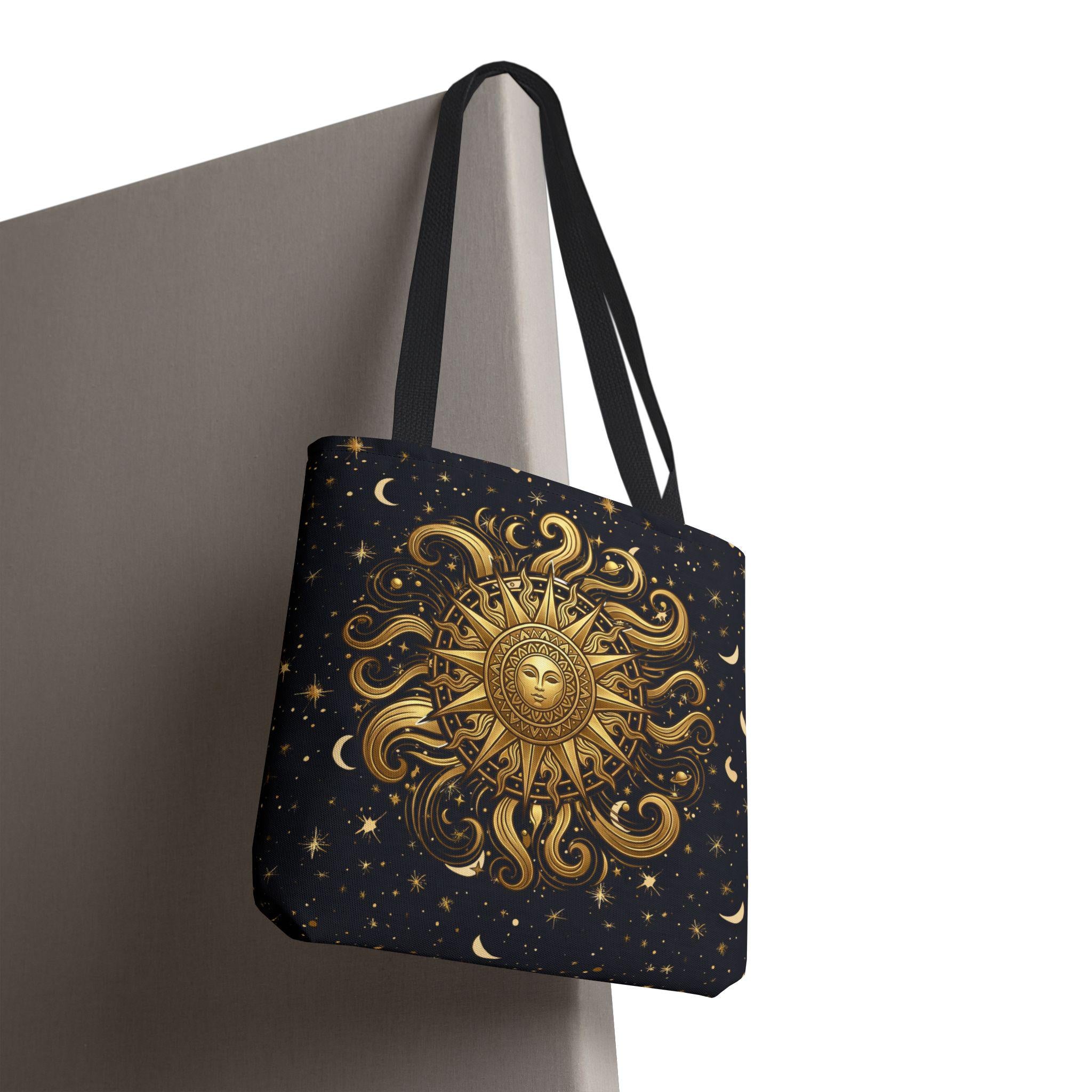 Celestial Sunburst Tote Bag | Gold Sun Moon Stars All-Over Print
