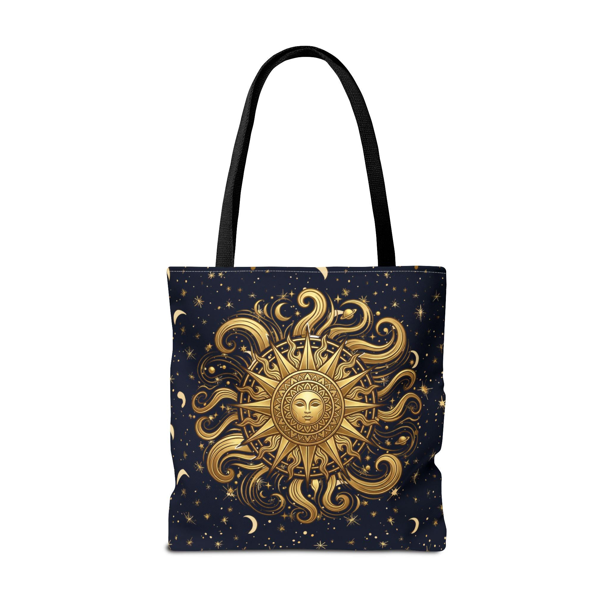 Celestial Sunburst Tote Bag | Gold Sun Moon Stars All-Over Print