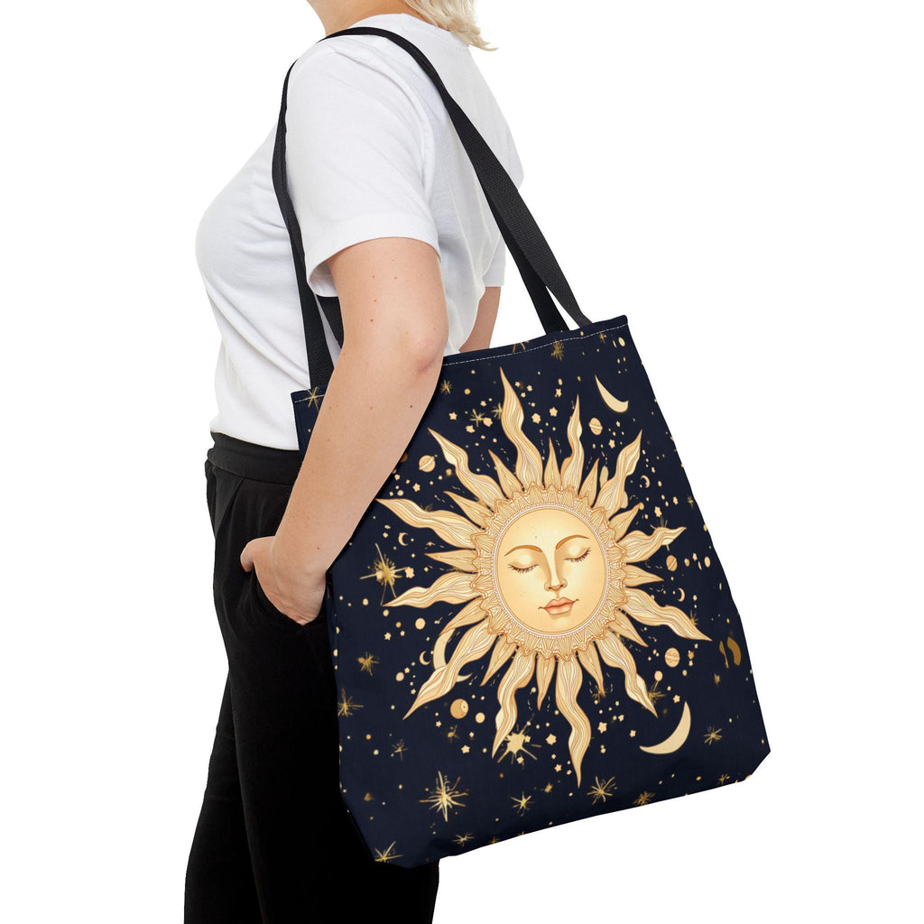 Celestial Sun Face Tote Bag | Night Sky Stars Moon Pattern
