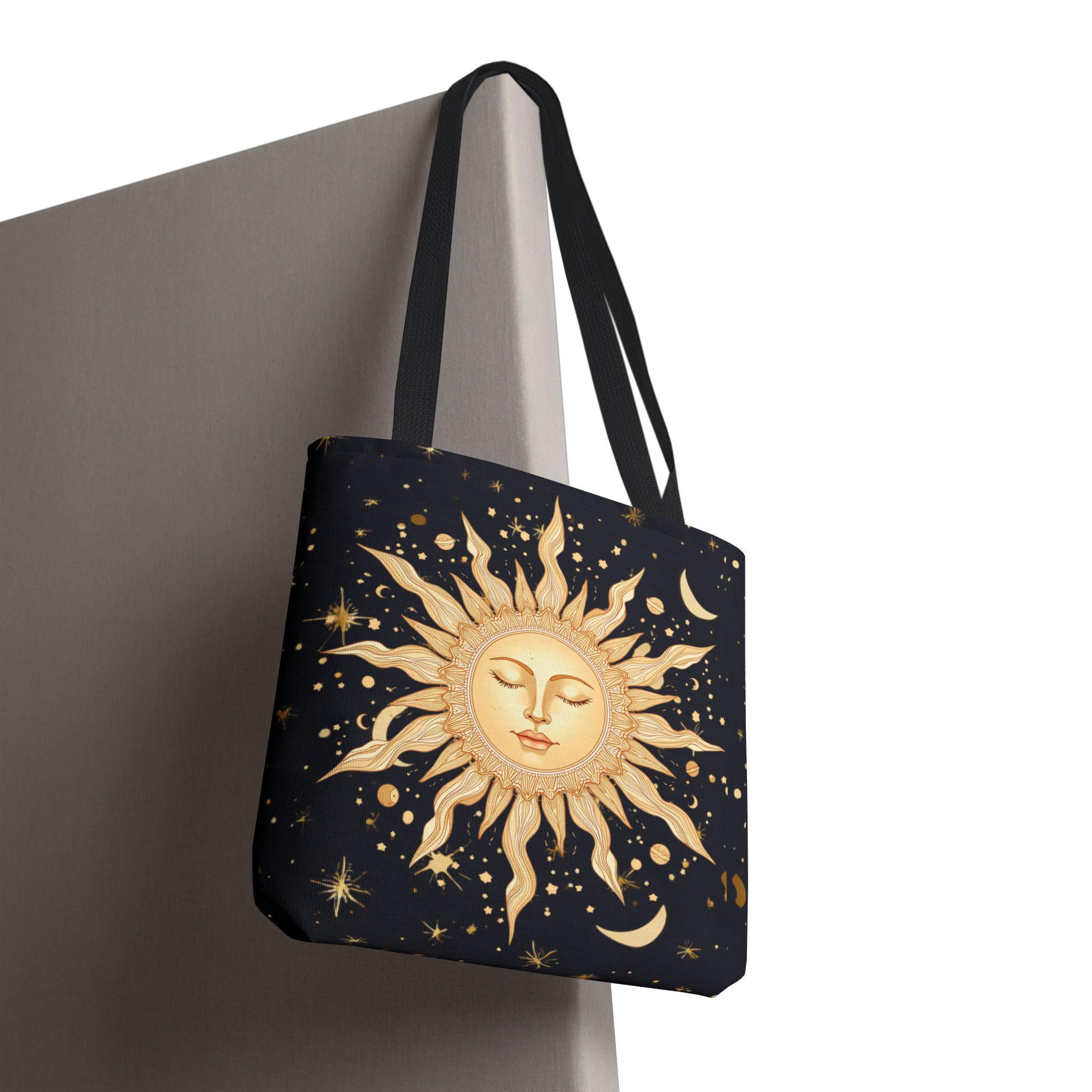 Celestial Sun Face Tote Bag | Night Sky Stars Moon Pattern