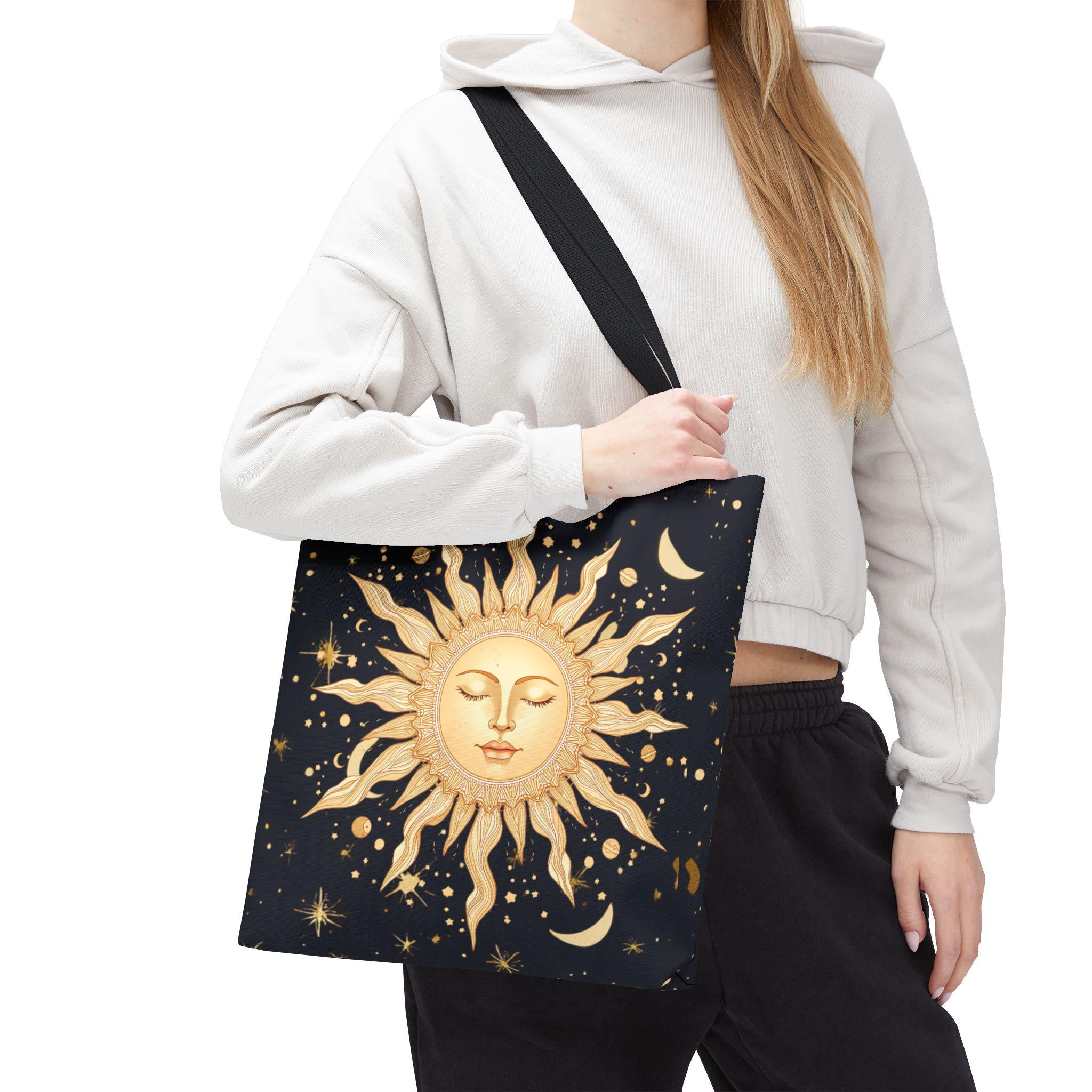 Celestial Sun Face Tote Bag | Night Sky Stars Moon Pattern