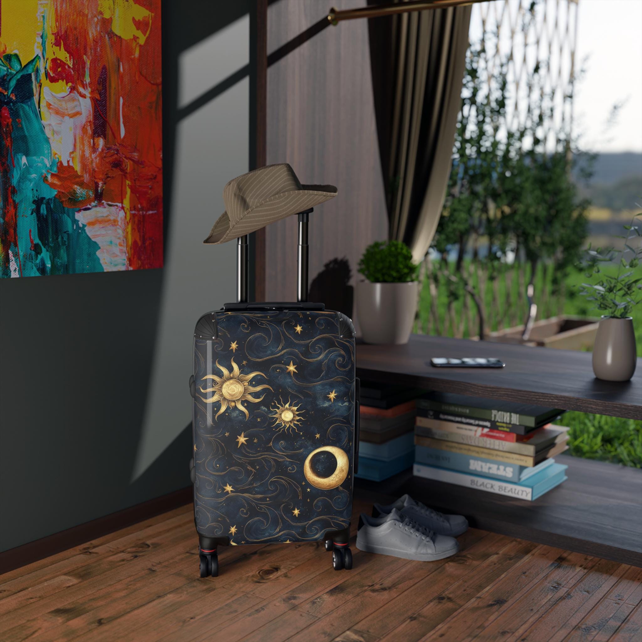 Celestial Sun Moon Stars Suitcase | Night Sky Hard-Shell Luggage