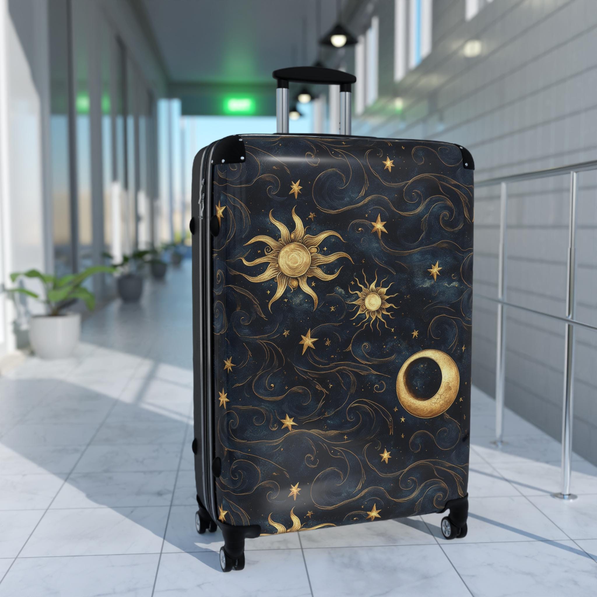 Celestial Sun Moon Stars Suitcase | Night Sky Hard-Shell Luggage