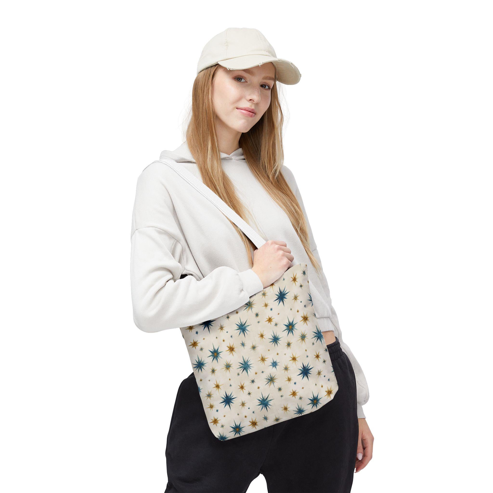 Midcentury Starburst Pattern Tote Bag | Retro Atomic Stars All-Over Print
