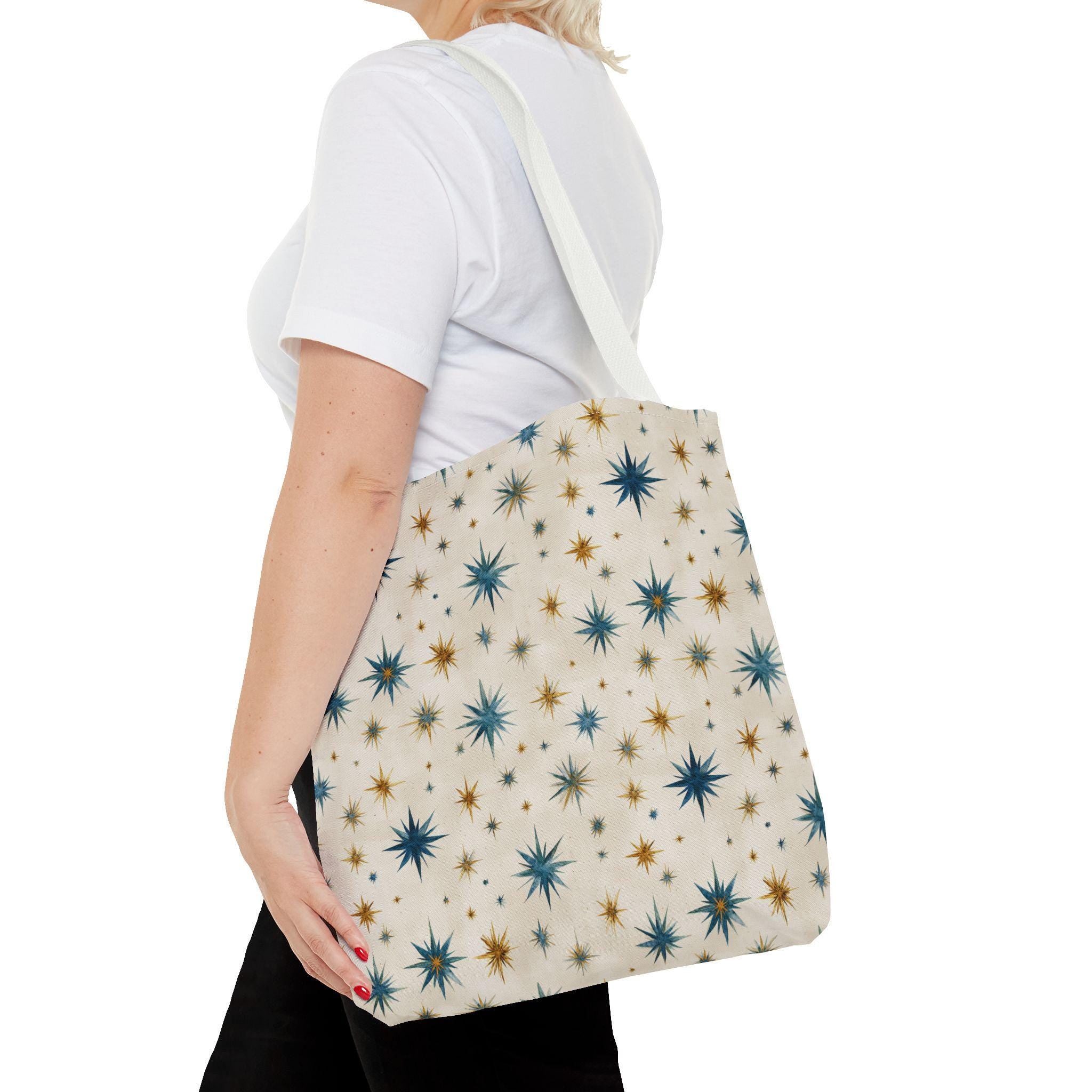 Midcentury Starburst Pattern Tote Bag | Retro Atomic Stars All-Over Print