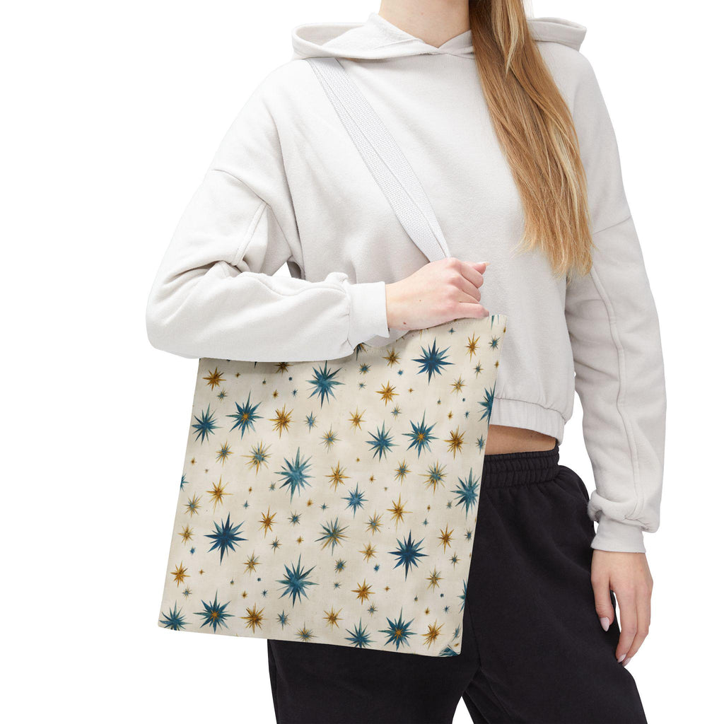 Midcentury Starburst Pattern Tote Bag | Retro Atomic Stars All-Over Print