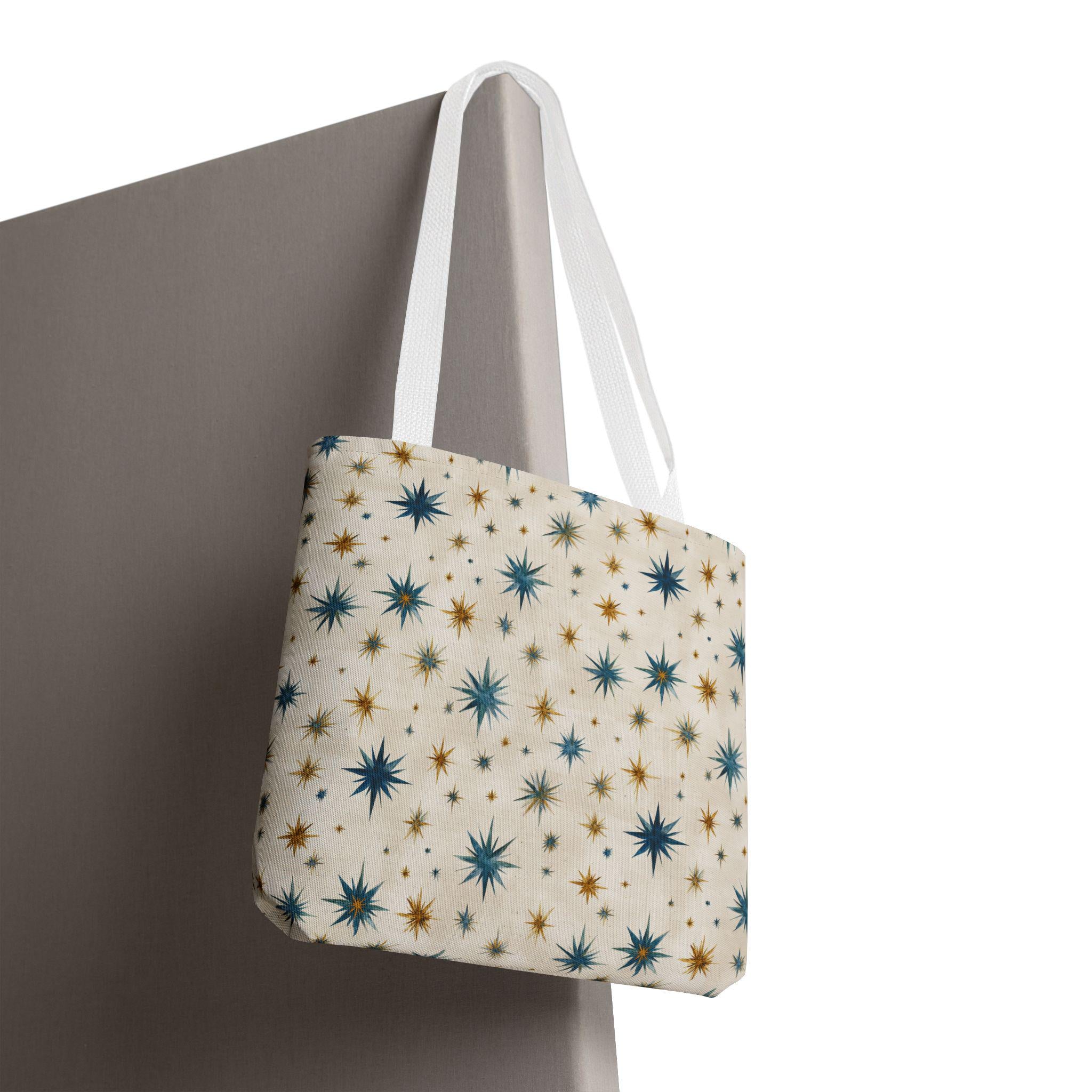 Midcentury Starburst Pattern Tote Bag | Retro Atomic Stars All-Over Print