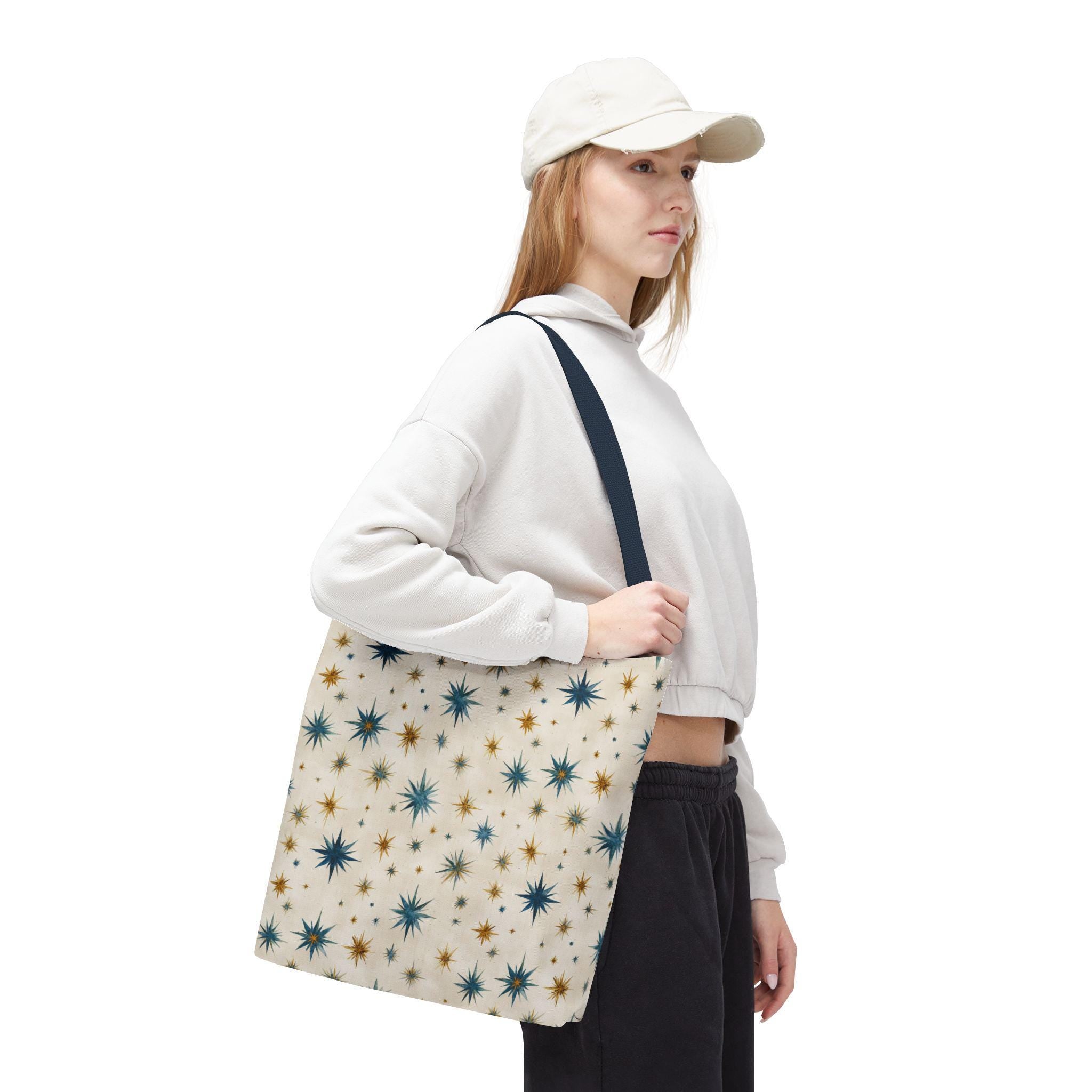 Midcentury Starburst Pattern Tote Bag | Retro Atomic Stars All-Over Print