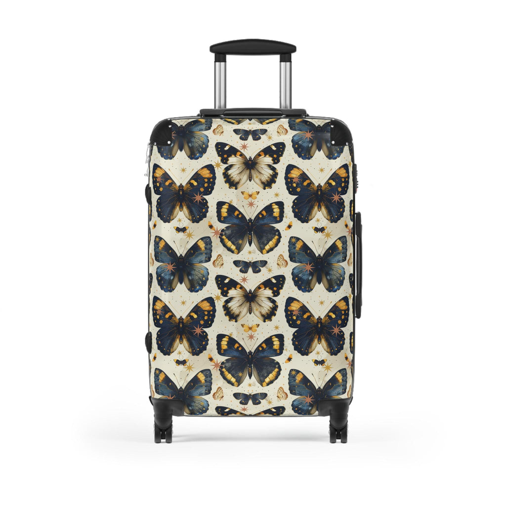 Vintage Butterfly Print Carry On Suitcase | Blue Gold Spinner Luggage