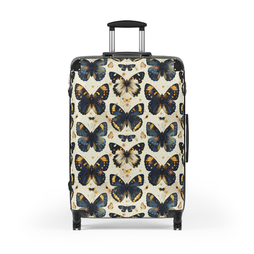 Vintage Butterfly Print Carry On Suitcase | Blue Gold Spinner Luggage