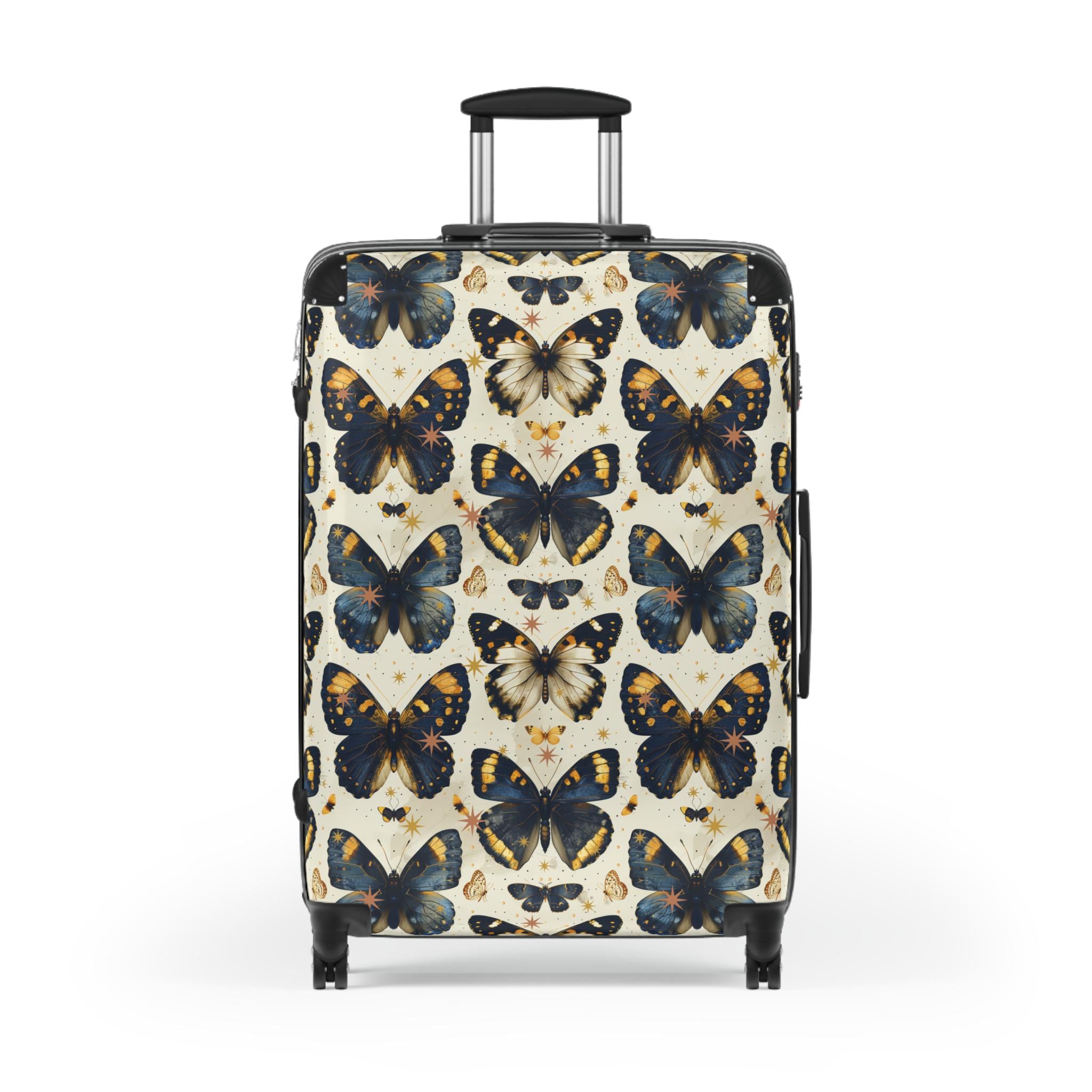 Vintage Butterfly Print Carry On Suitcase | Blue Gold Spinner Luggage