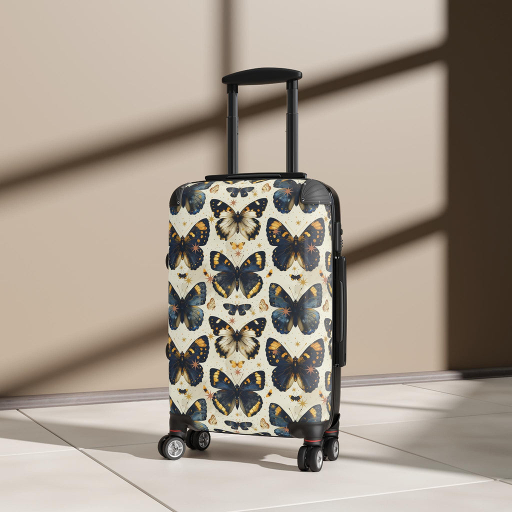 Vintage Butterfly Print Carry On Suitcase | Blue Gold Spinner Luggage