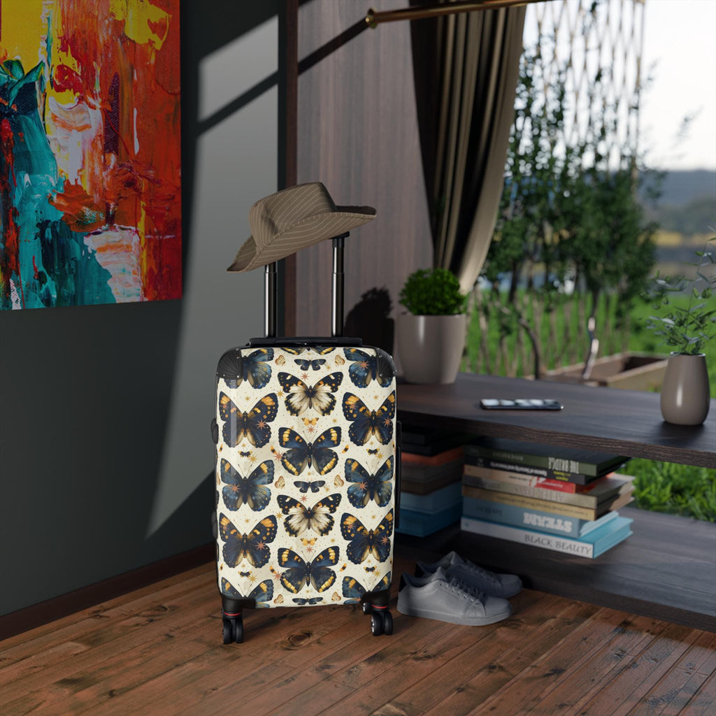 Vintage Butterfly Print Carry On Suitcase | Blue Gold Spinner Luggage