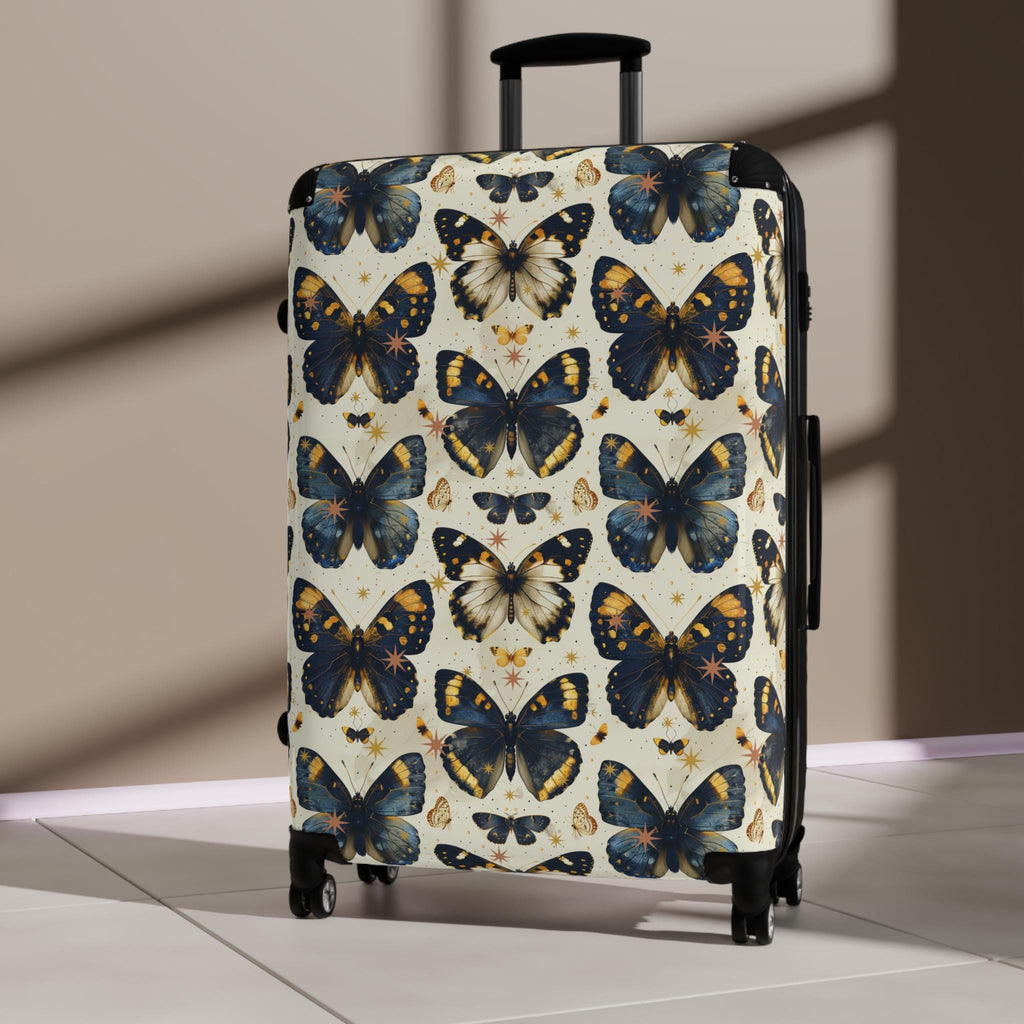 Vintage Butterfly Print Carry On Suitcase | Blue Gold Spinner Luggage